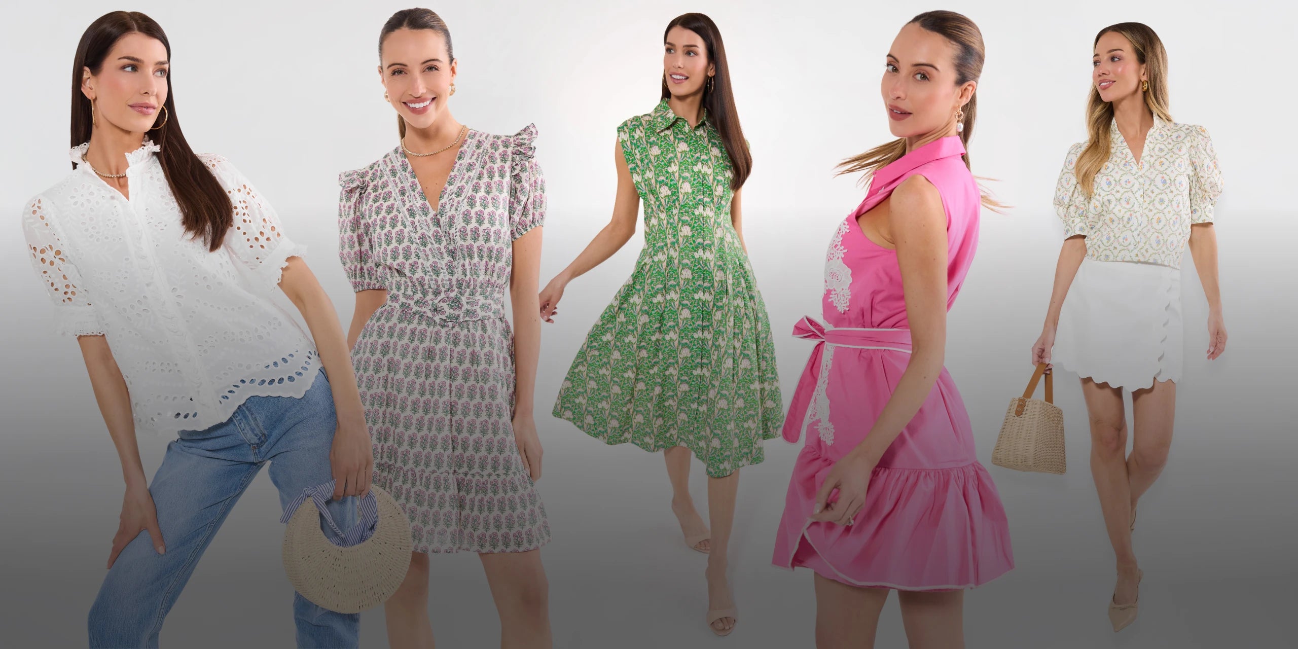 Five women wearing different outfits on a white background