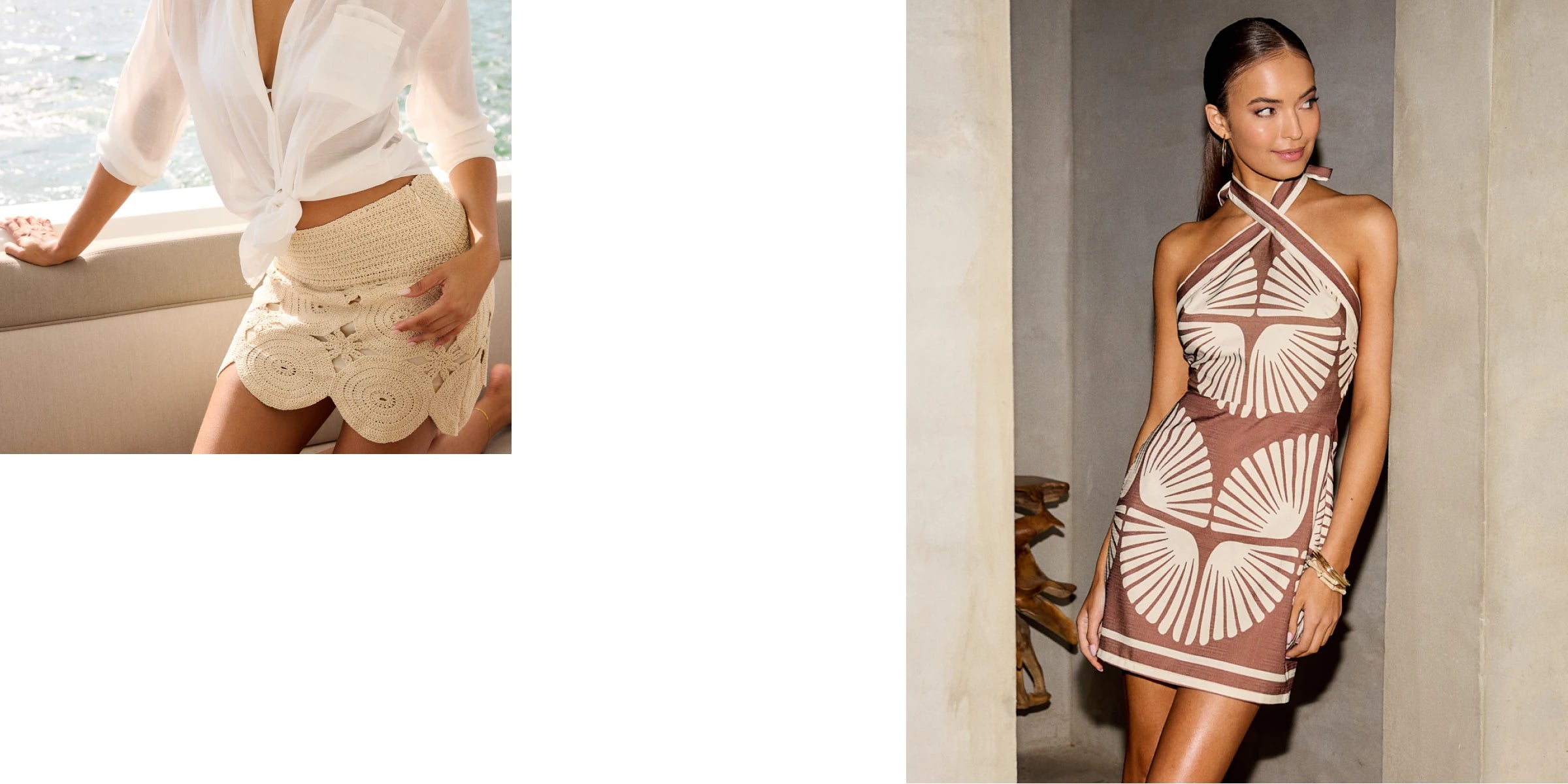 Two fashion images: one of a person in a white outfit with beige shorts, and another of a woman in a brown and white patterned dress.