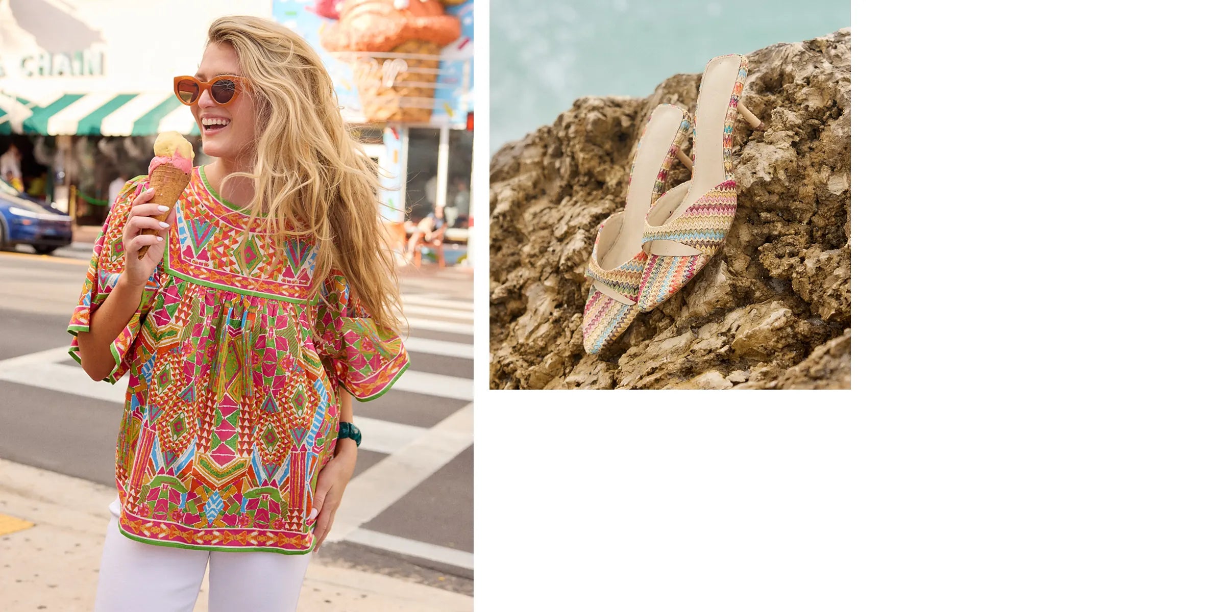 Woman in colorful dress eating ice cream on a street, with close-up of sandals on rocks.