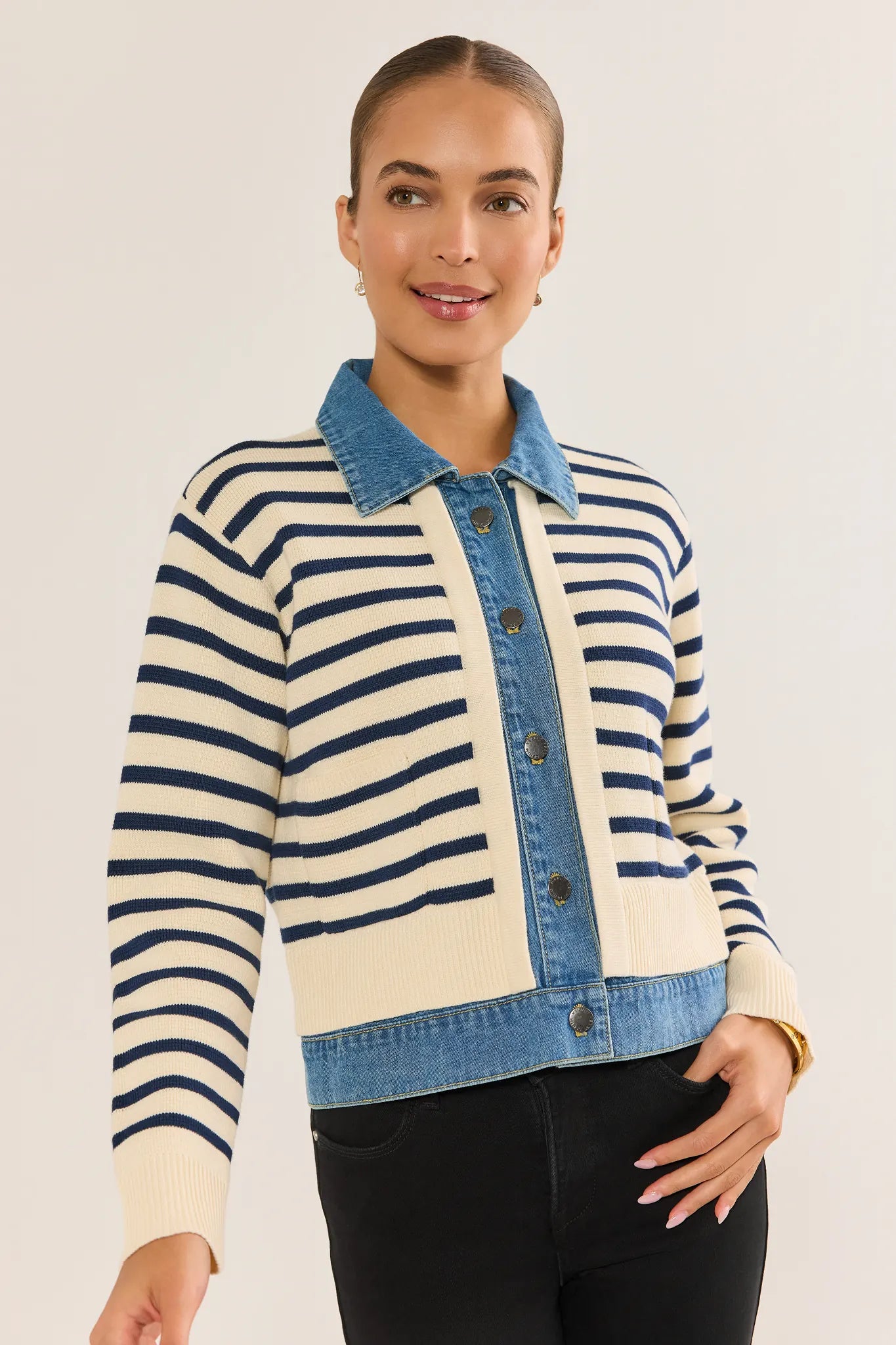Asher Ivory Striped Denim Trim Cardigan