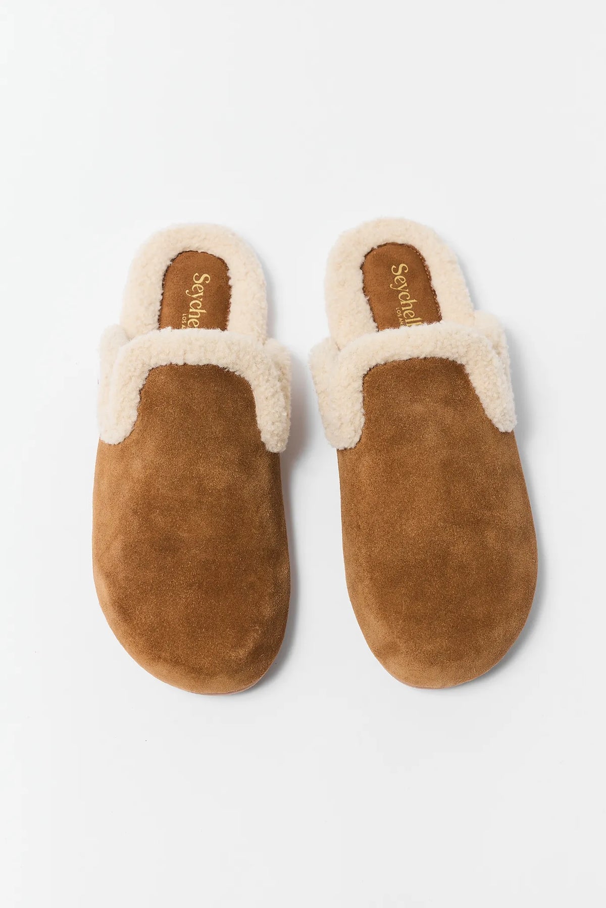 Tan Suede Backless Sherpa Clogs - Flat Lay Top-Down View | Avara