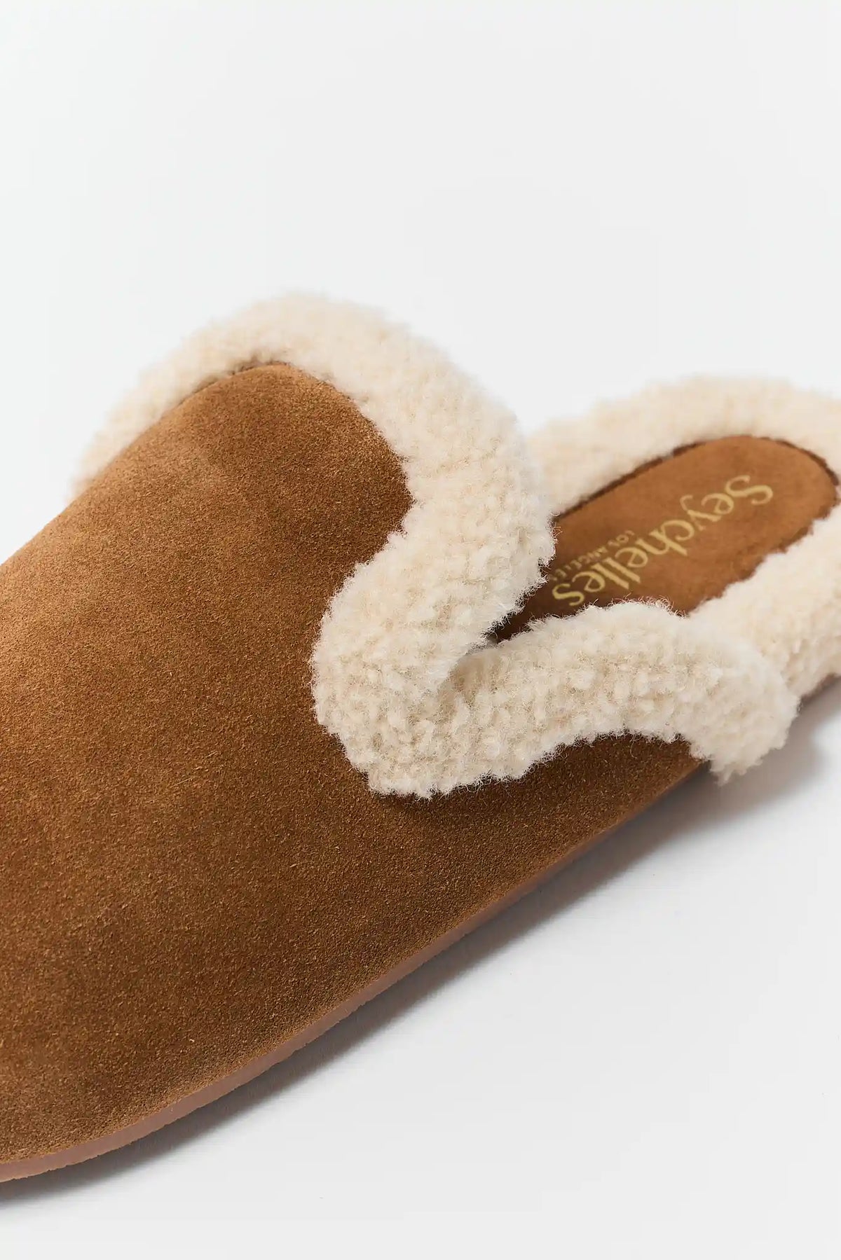 Tan Suede Sherpa Clogs - Sherpa Trim & Toe Close-Up Detail | Avara