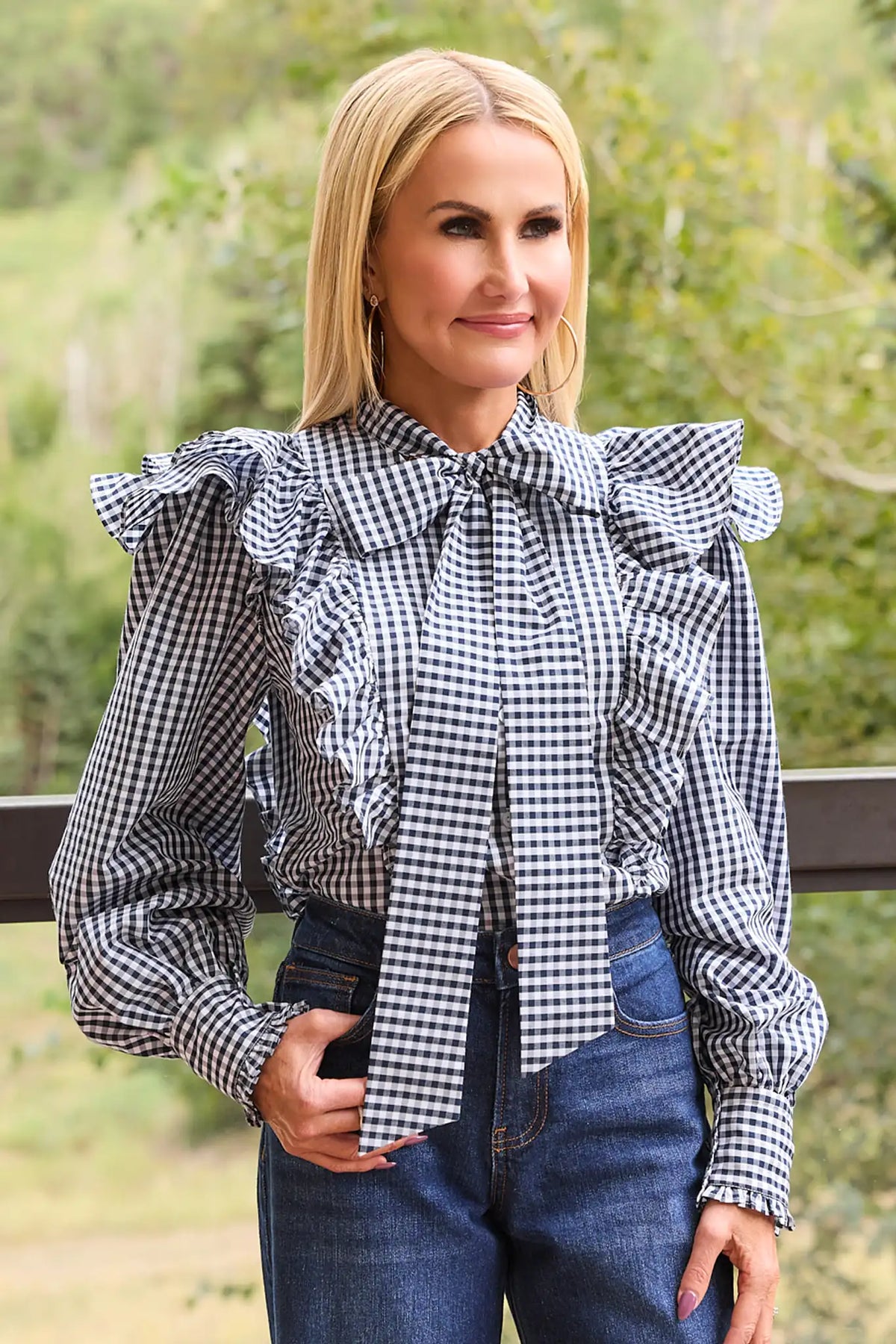 トップス ANDMARY Ava gingham check tops(navy) Navy Gingham Ruffle Button Up Top | Avara