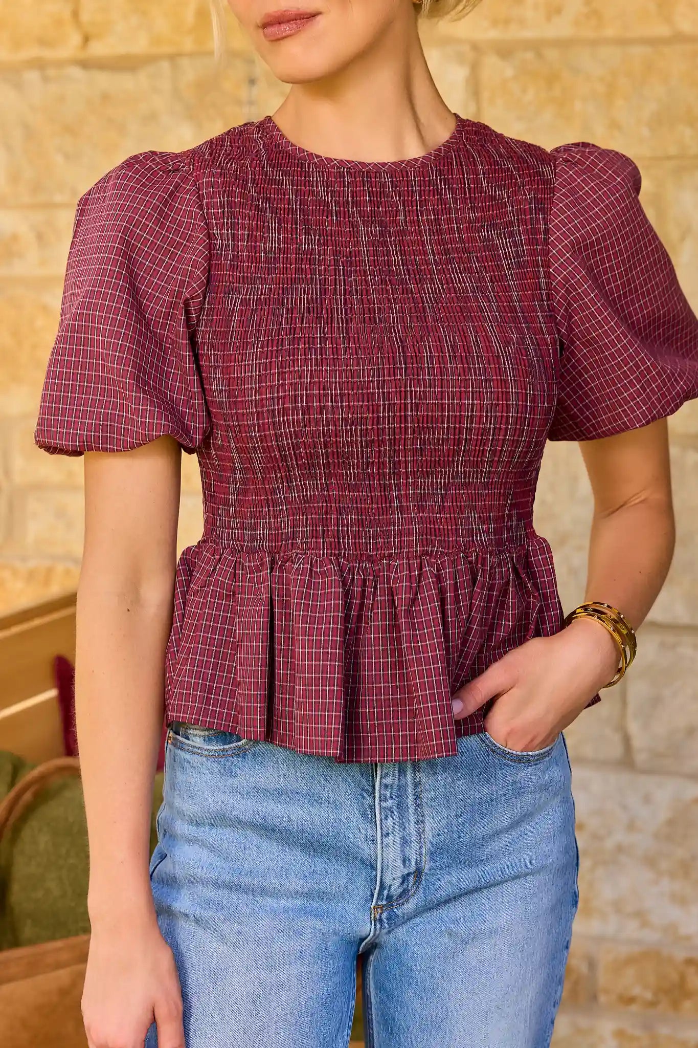 Riley Burgundy Smocked Peplum Top