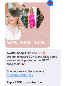 screenshot of text message with new arrivals messaging