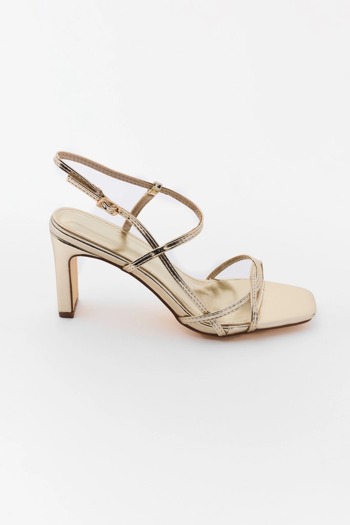 Gold Metallic Strappy Heels - Side Profile View | Avara