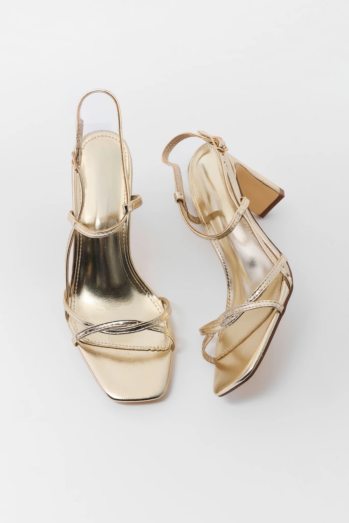 Gold Metallic Strappy Heels - Overhead Flat Lay | Avara