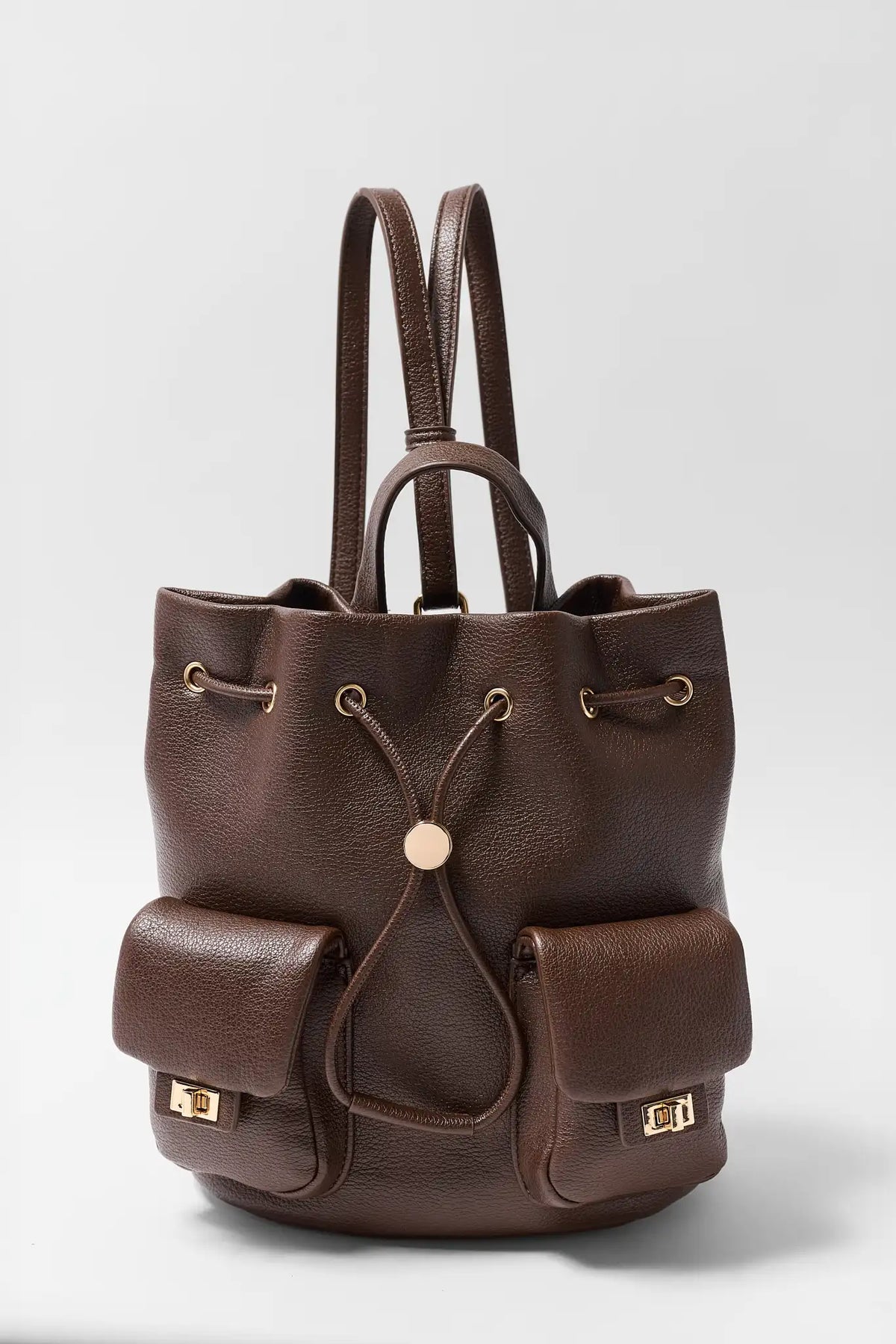 Brown Faux Leather Drawstring Backpack - Front View with Gold-Tone Hardware | Avara