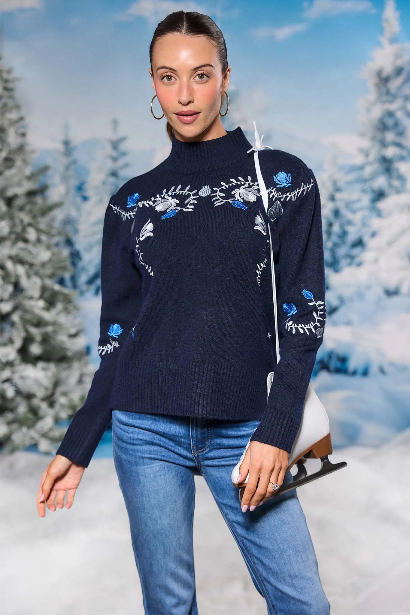 Celia Blue Embroidered Knit Sweater
