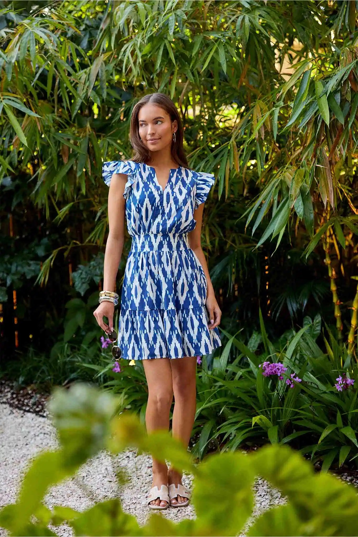 blue printed mini dress Short Blue Print Casual Party Dress with Lace-Up Back Blue Print / Small