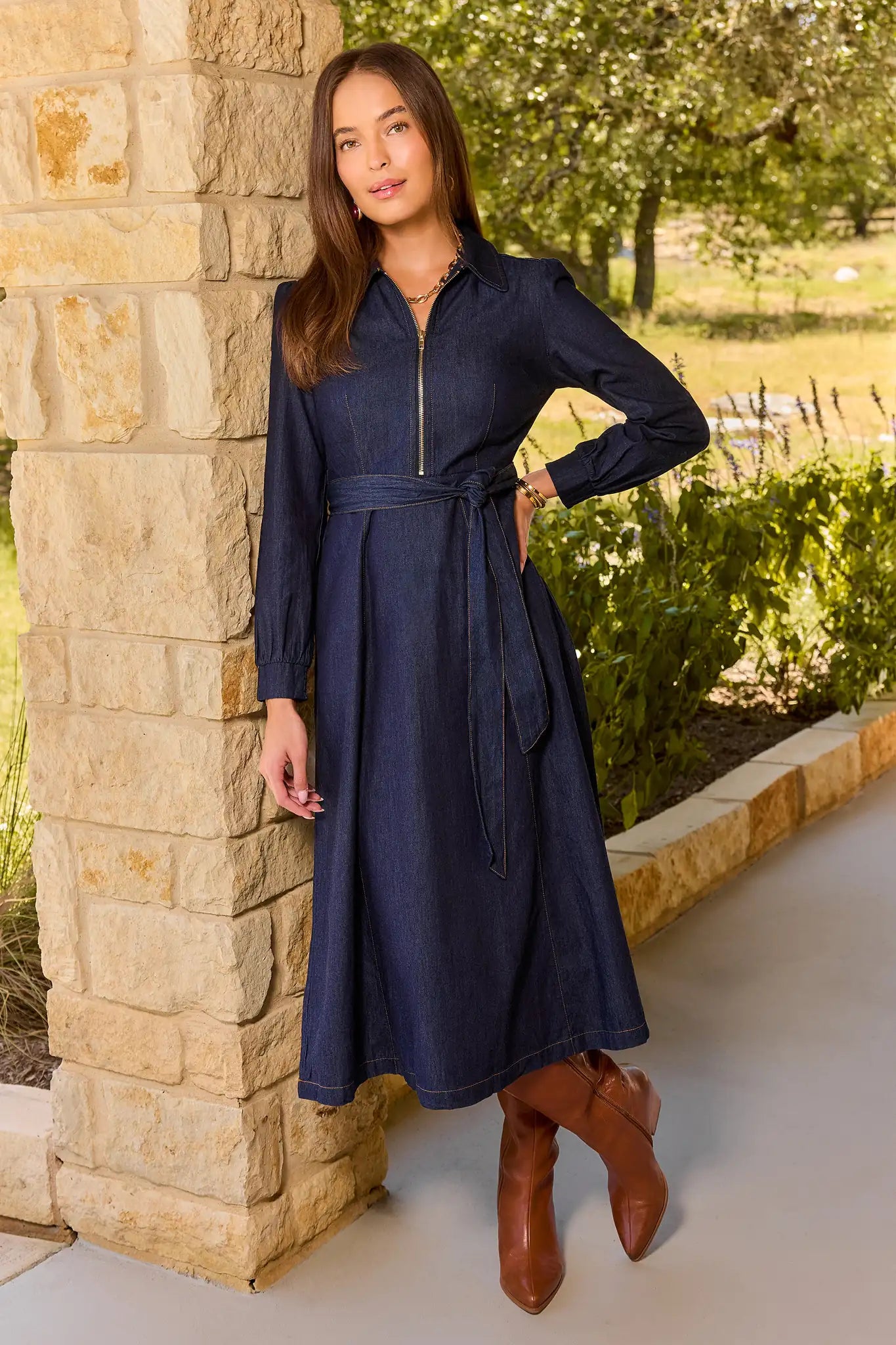 Denim Zip Up Collared Midi Dress