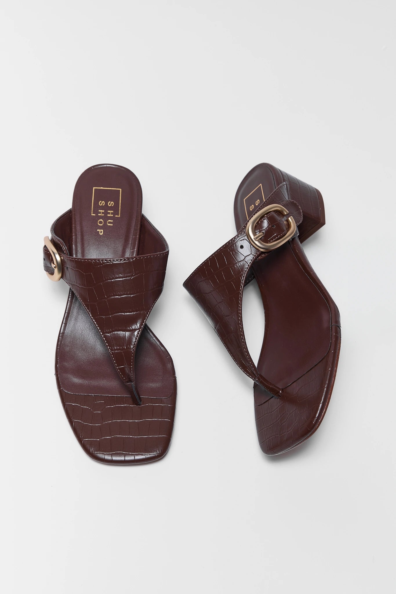 Pair of brown sandals with gold buckles on a white background Elodie