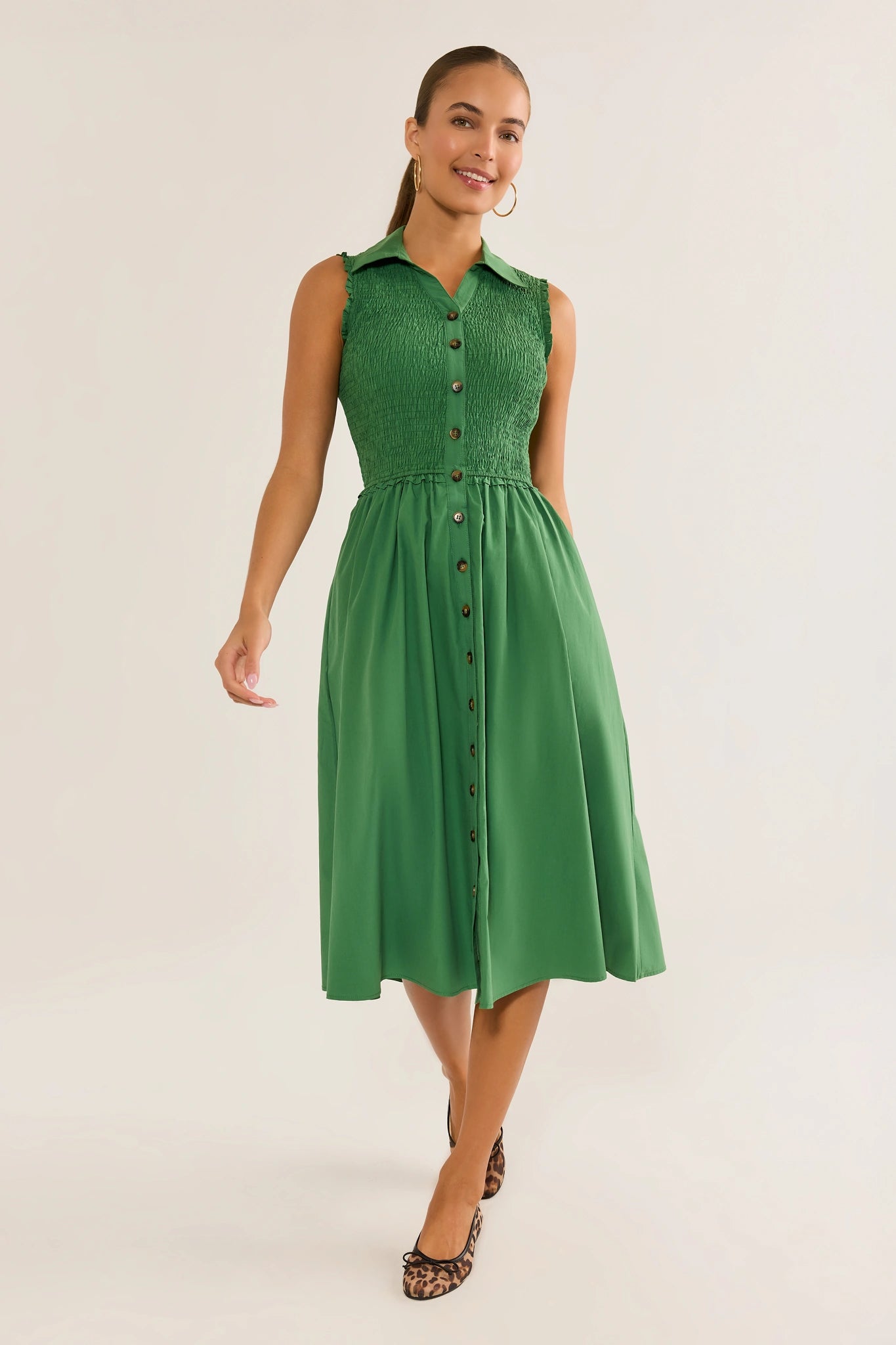 Estella Green Smocked Midi Dress