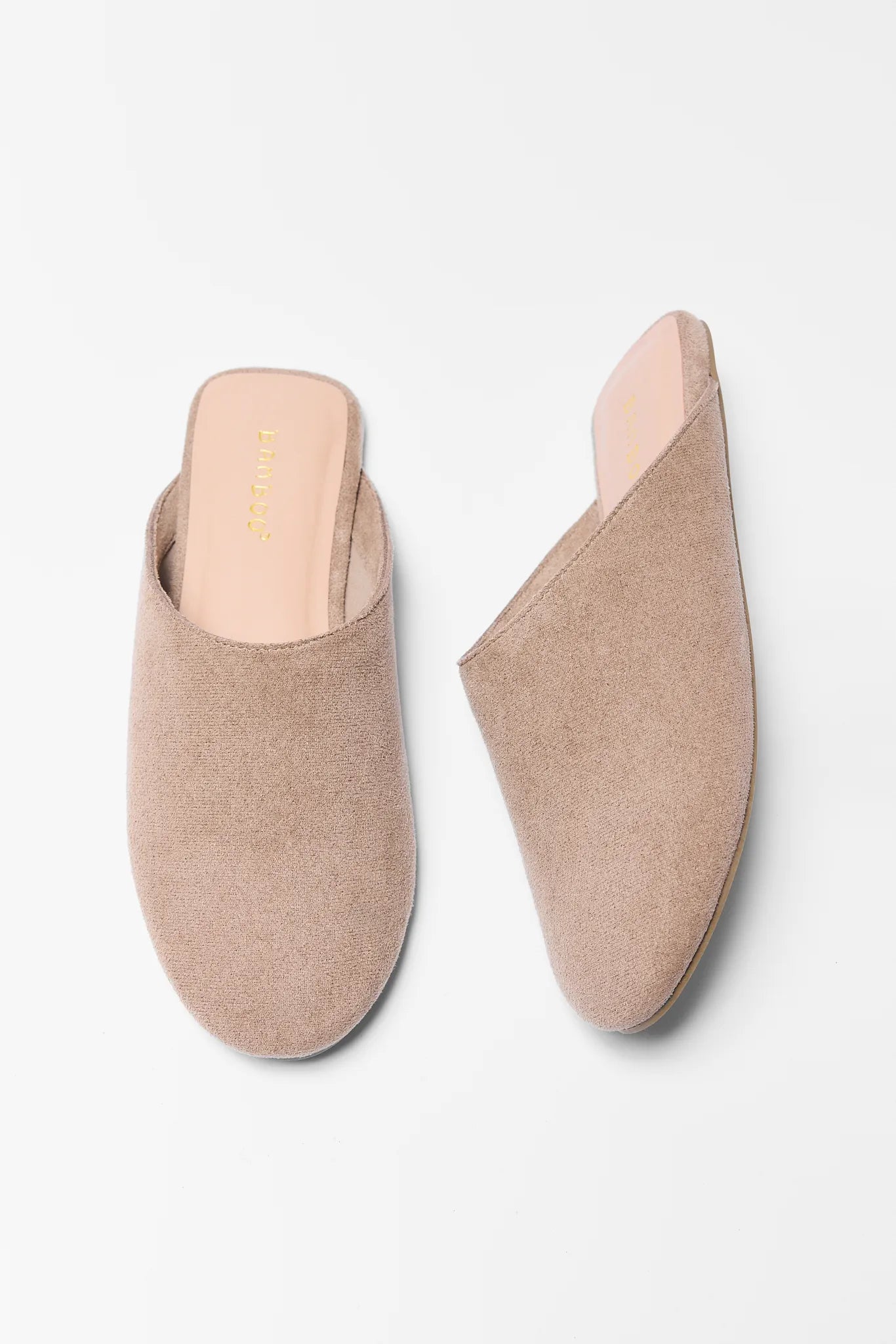 Pair of beige slippers on a white background Faith Tan Faux Suede Mules