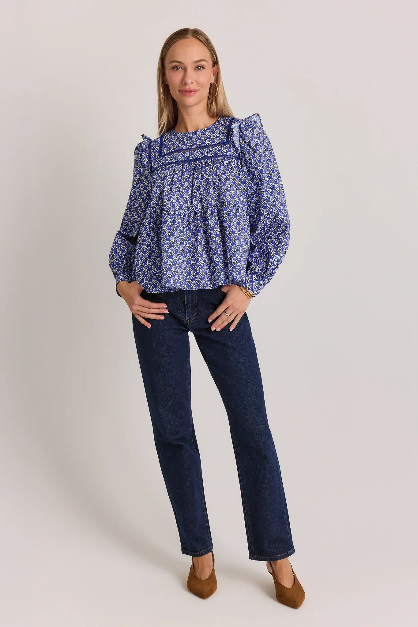 Gemma Blue Floral Ruffle Detail Top