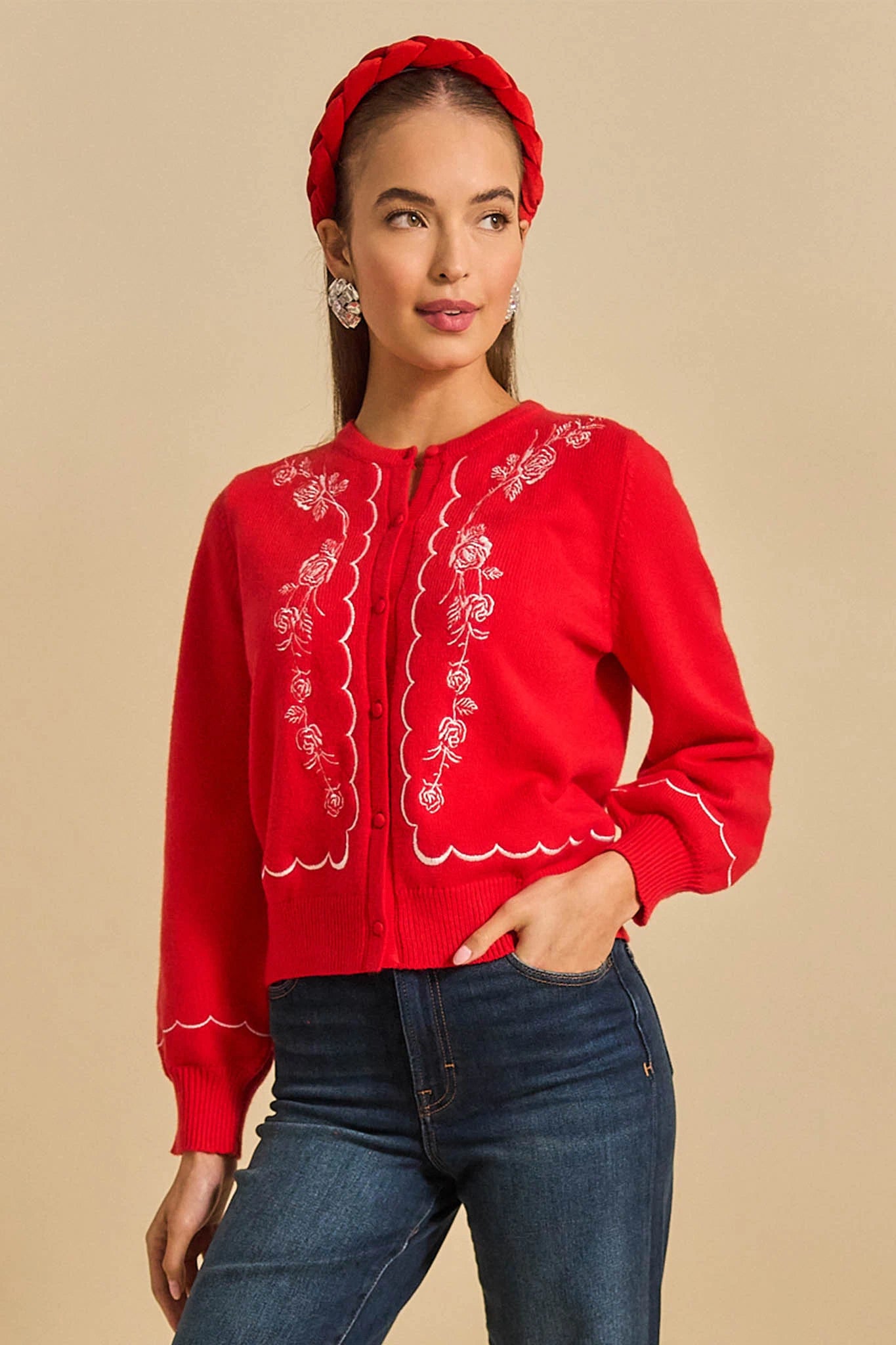 Ginger Red Embroidered Cardigan
