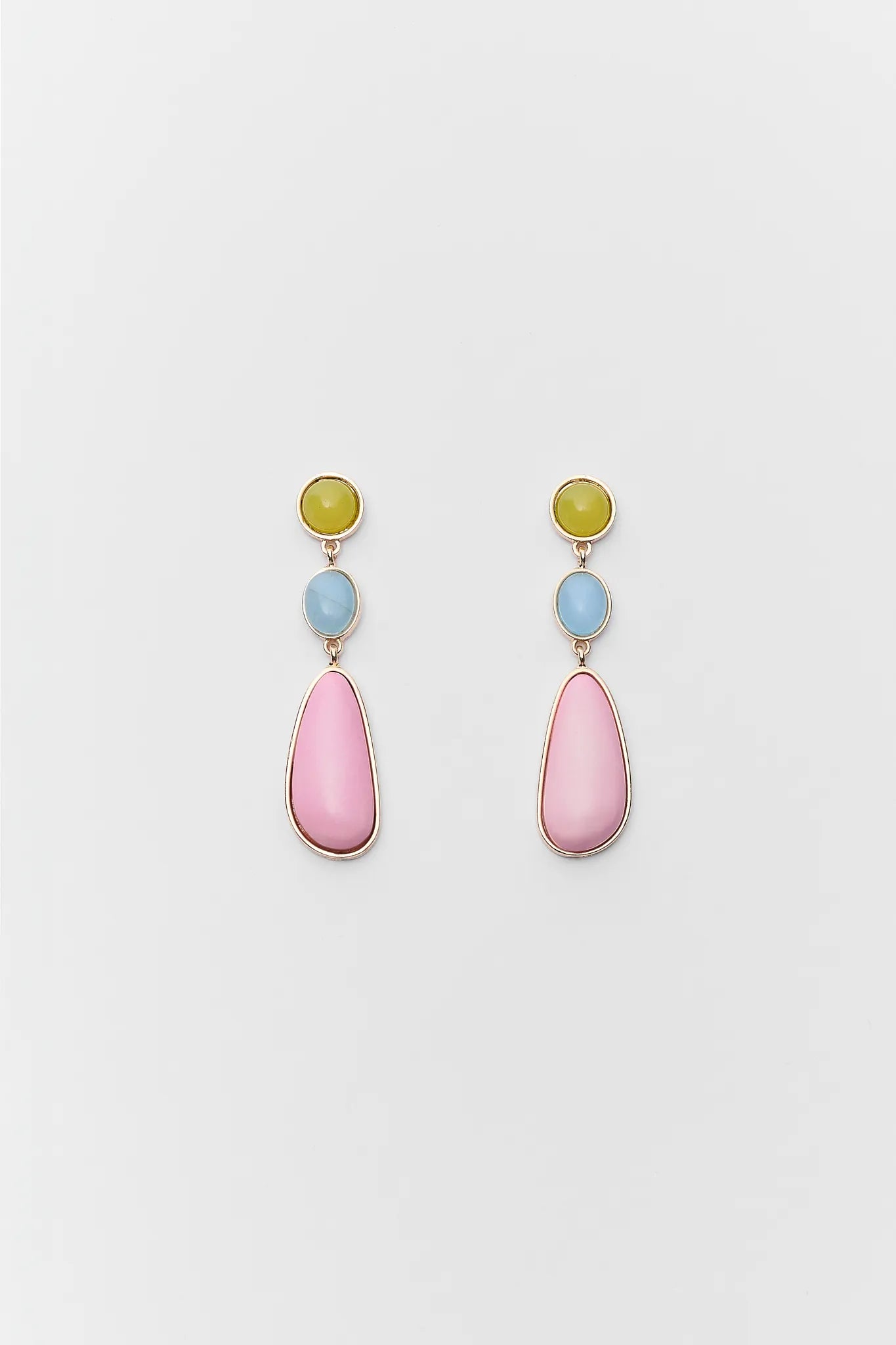 Pair of colorful teardrop earrings on a light gray background