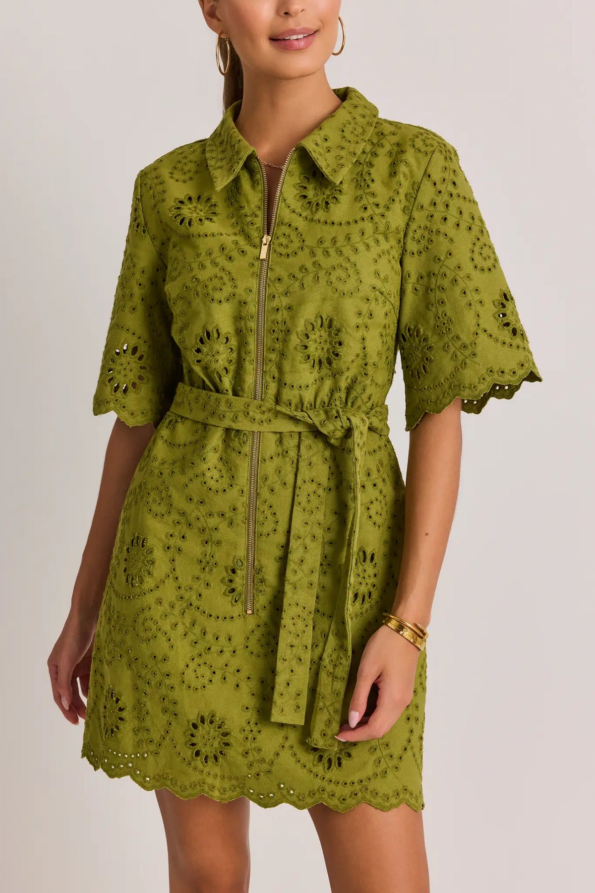 green zip up dress Eyelet Short Midi dress
