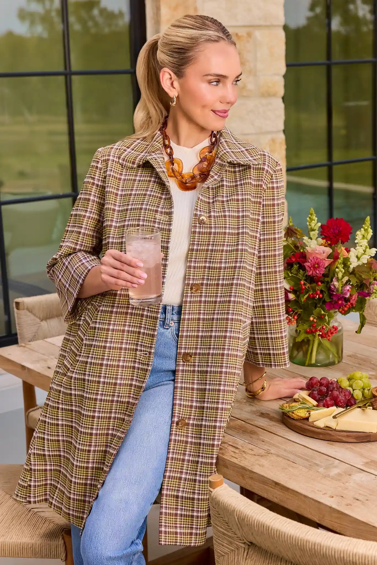 Green Plaid Print Trench Coat