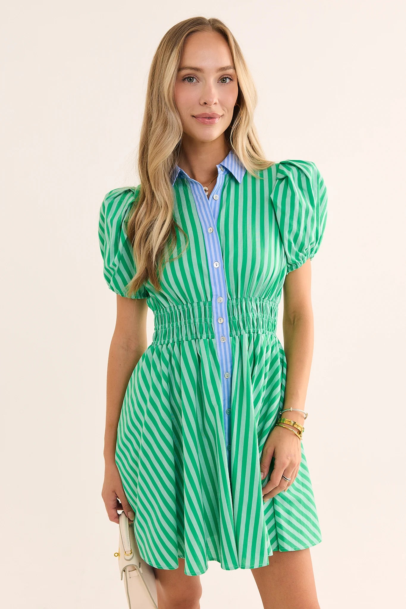 Green Striped Button Up Short Dress | Women's Clothing