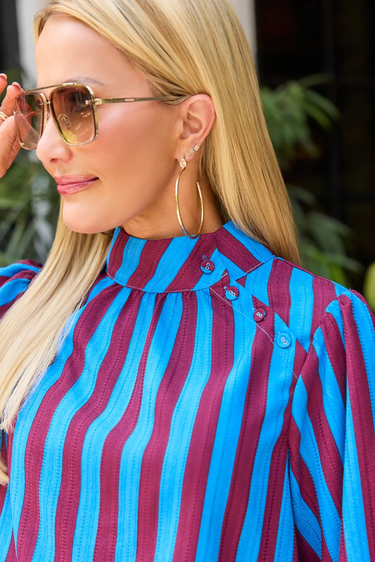 Blue and Burgundy Striped Top - Stand Collar Button Detail Close-Up | Avara