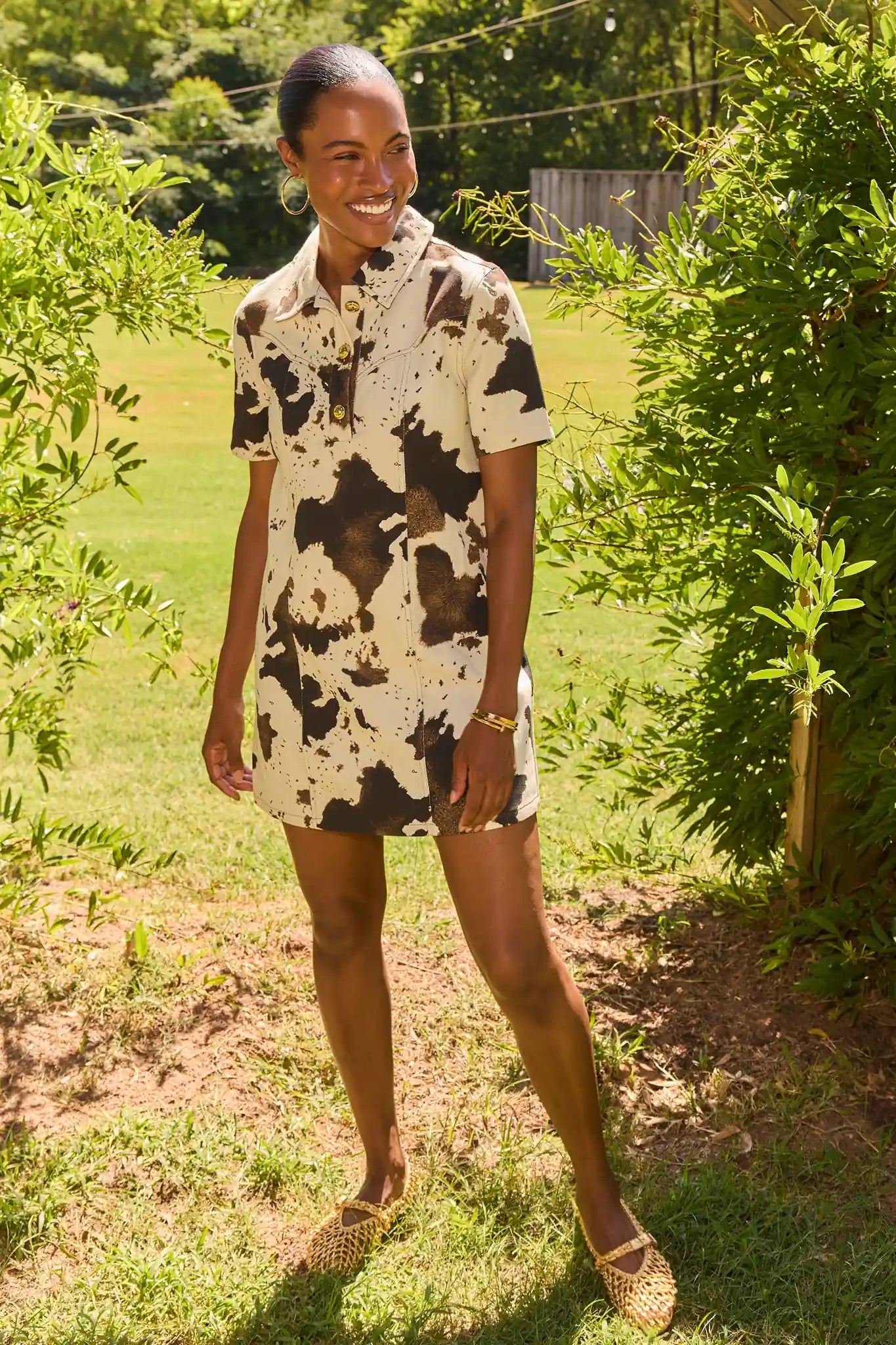 Ivory Cow Print Collared Short Dress