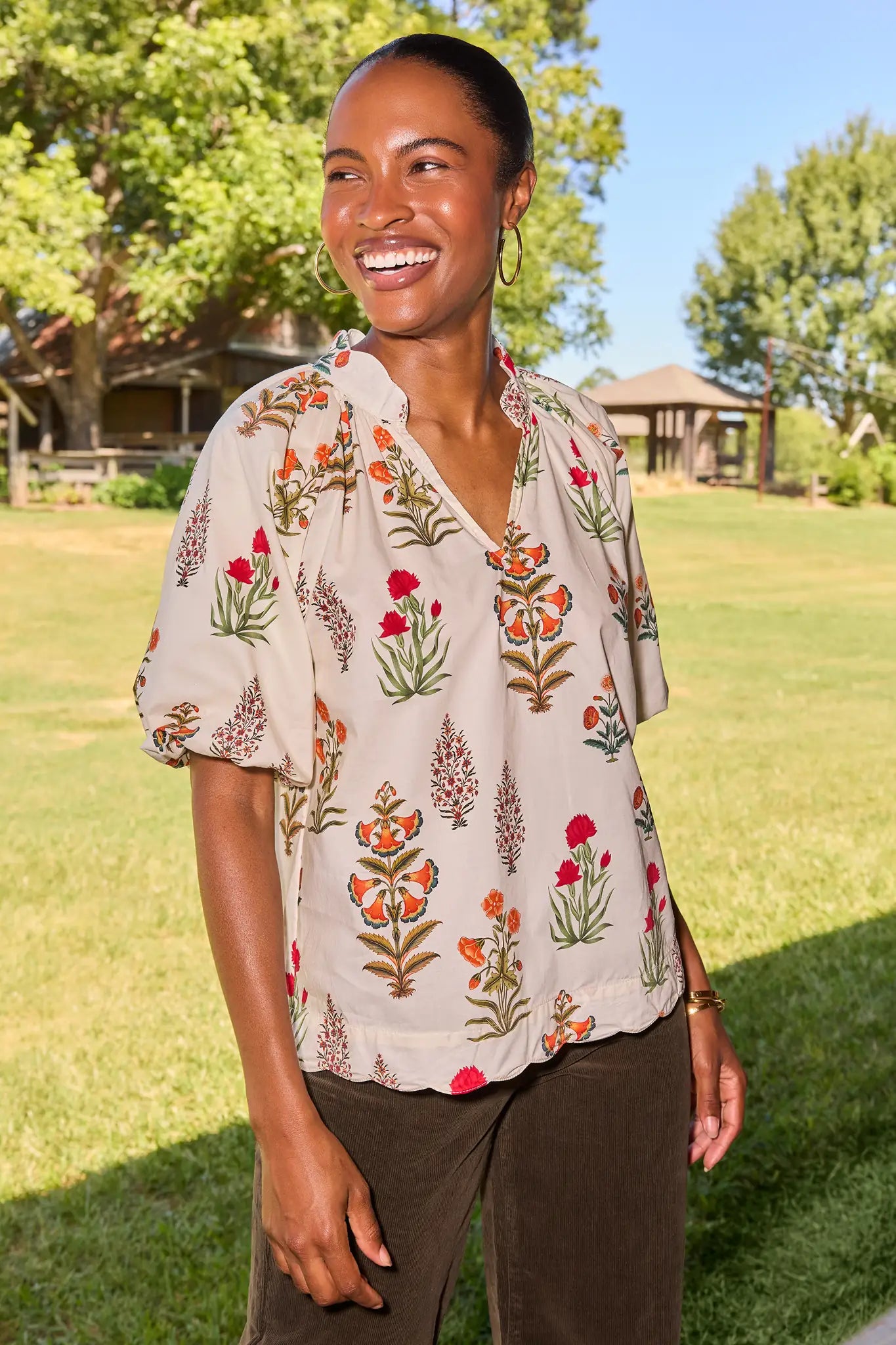Ivory Floral Print Scalloped Hem Top