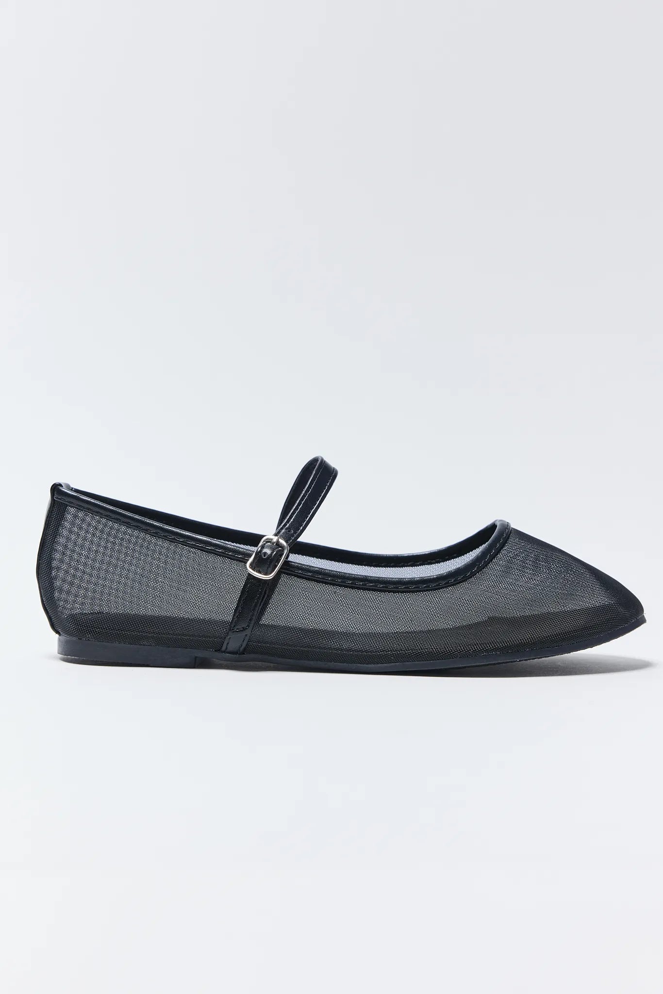 Black mesh Jane Flats with a strap on a light gray background