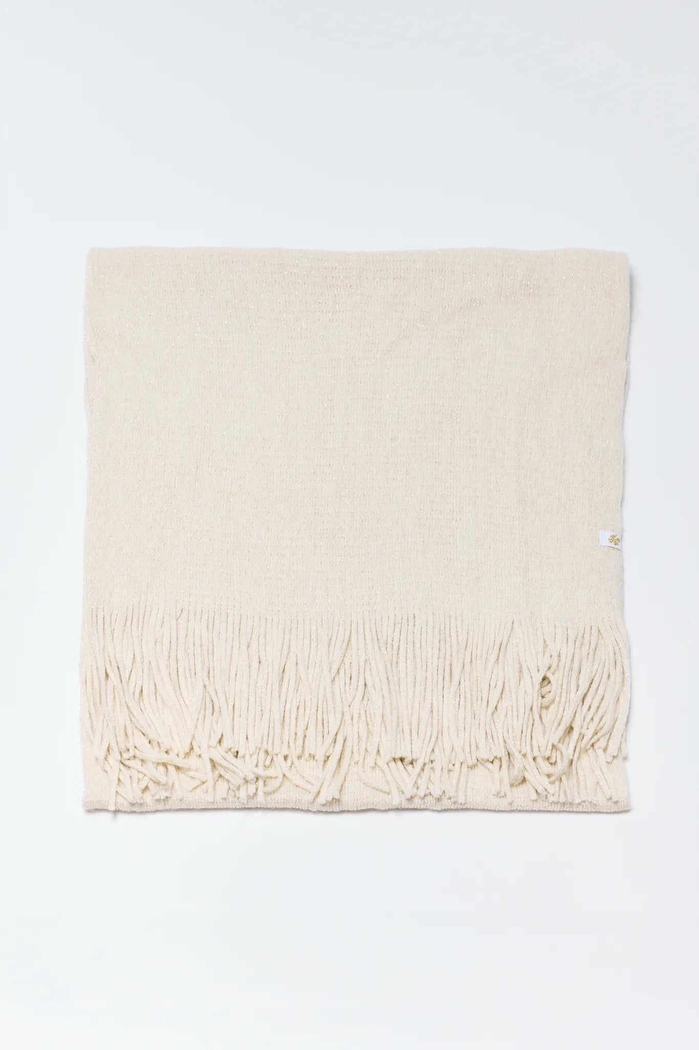 Karris Cream Fringe Scarf with fringes on a white background