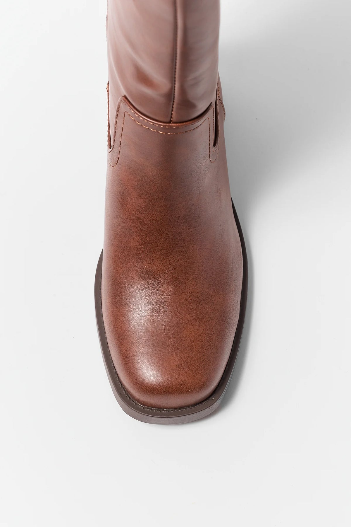 Brown Faux Leather Knee-High Boot - Round Toe Close-Up Detail | Avara