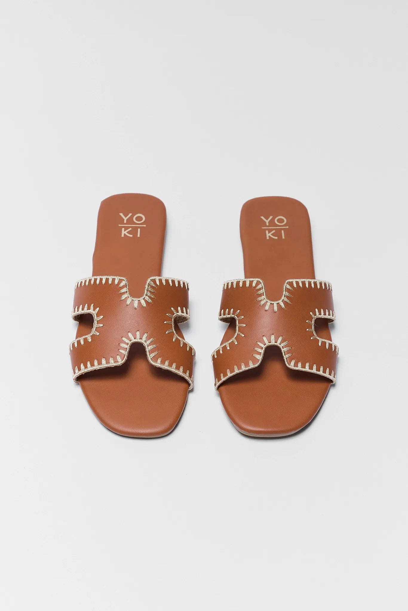 Leslie Camel Faux Leather Sandals on background