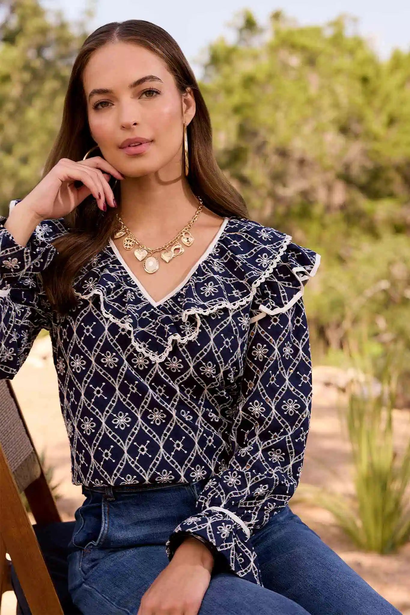 Loralei Navy Embroidered Top | Avara