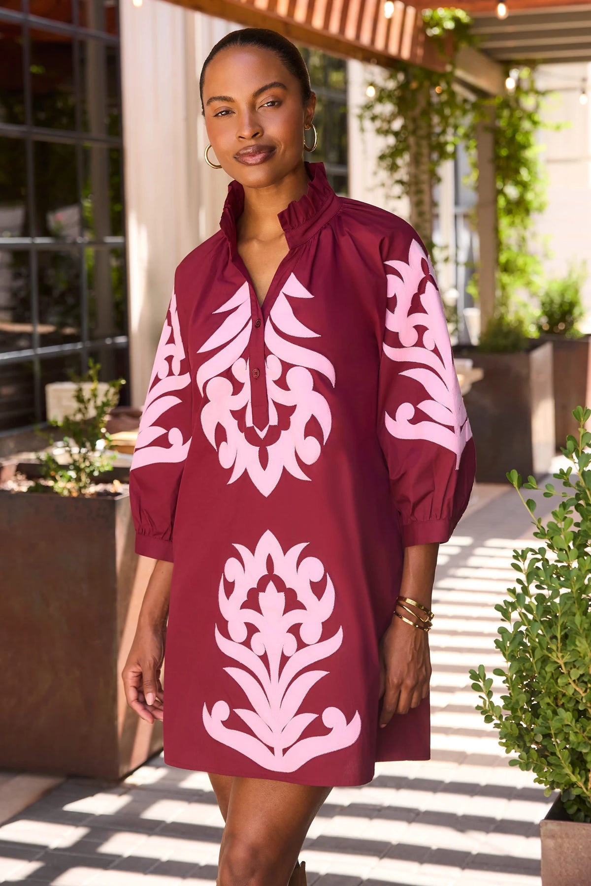 Maroon Embroidered Accent Short Dress