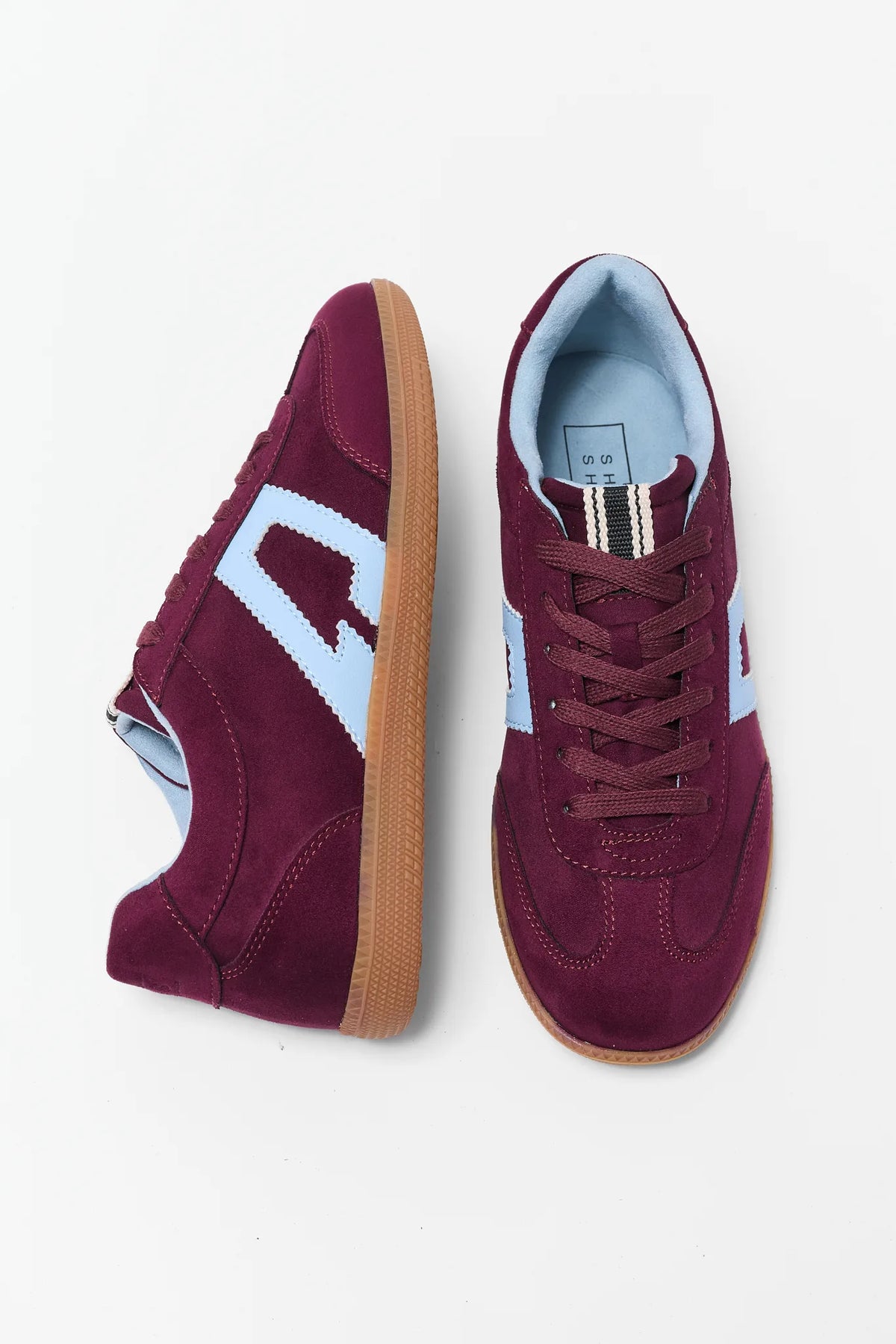Maroon Faux Suede Sneakers - Top & Side Flat Lay, Gum Sole | Avara