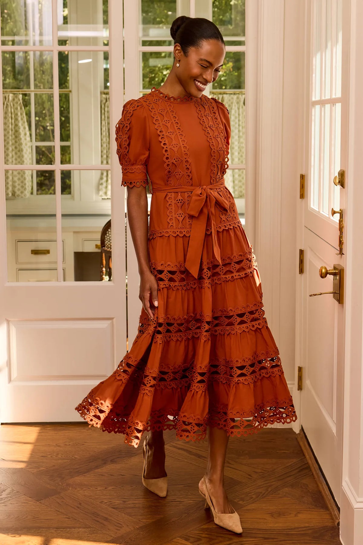 Merritt Rust Eyelet Detail Midi Dress