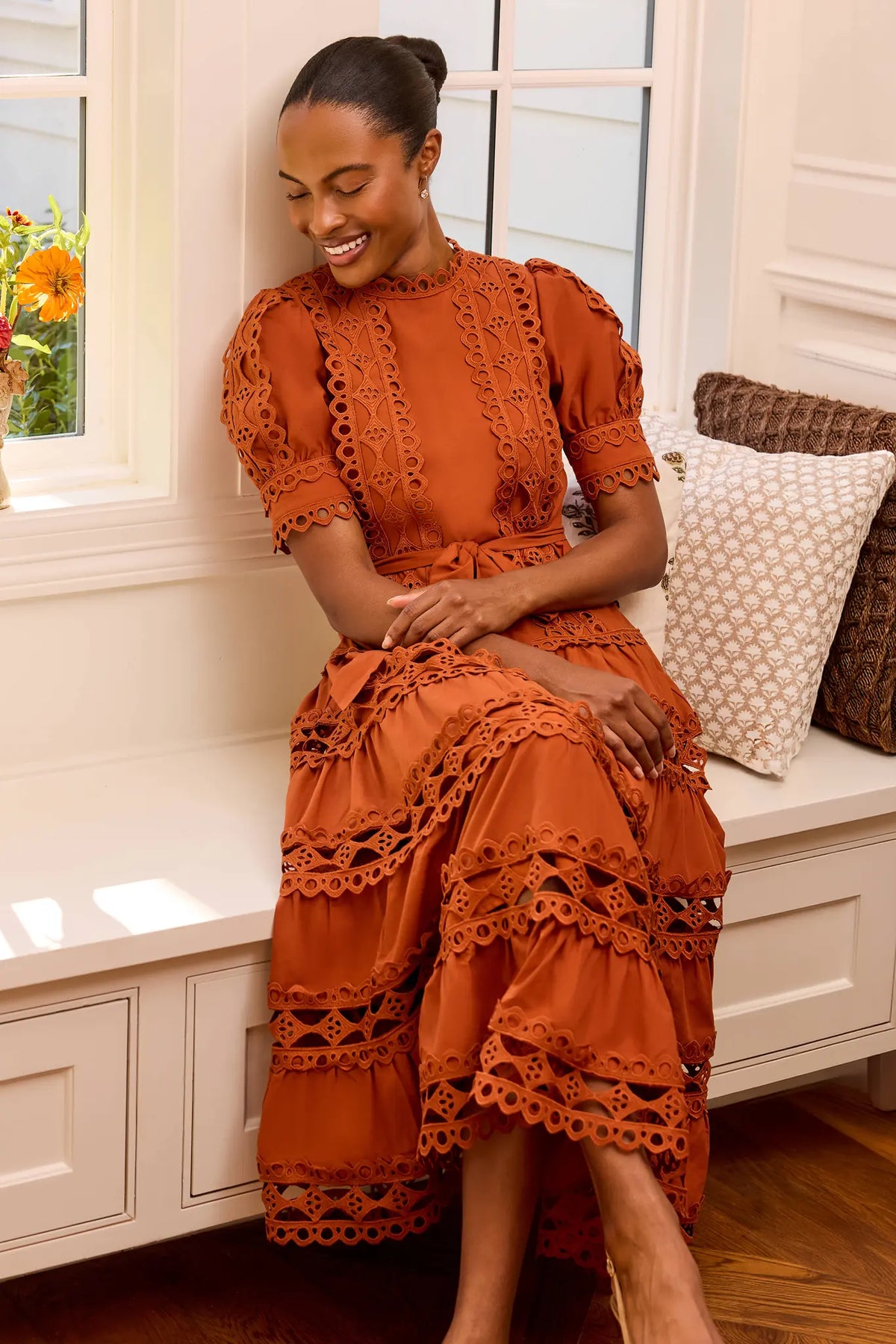 Merritt Rust Eyelet Detail Midi Dress