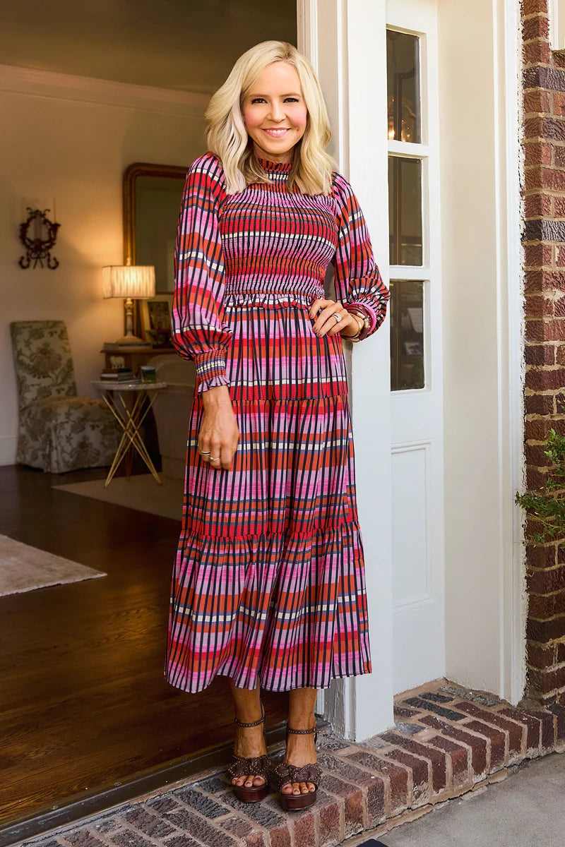 Lyles Black Multi Smocked Midi Dress