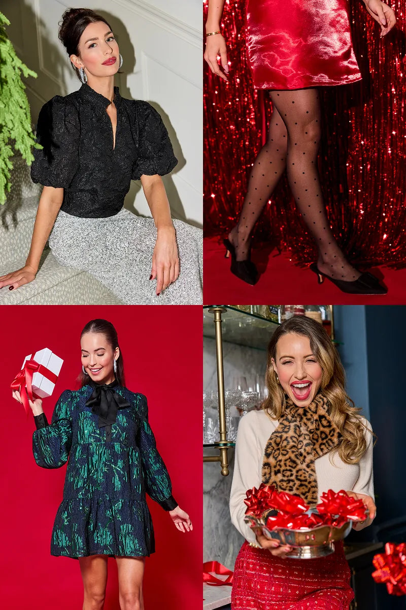 Four images of a woman in different outfits with festive and formal elements.
