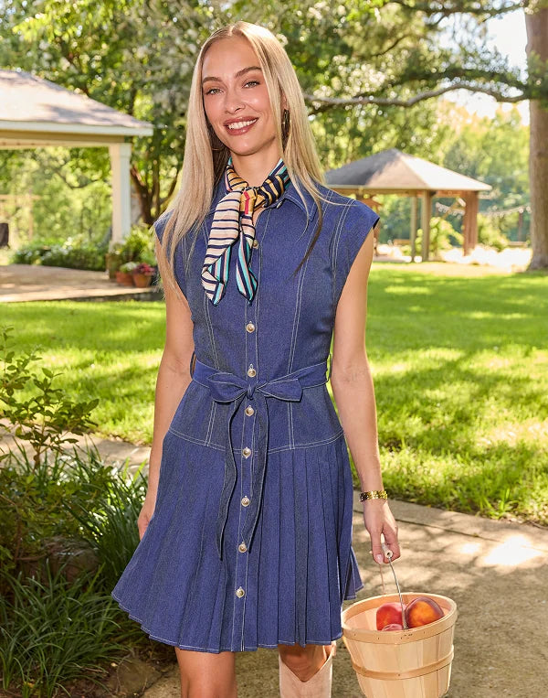 A woman stands outdoors in a sunny yard wearing a sleeveless blue denim-style dress with a tie waist and front buttons. She is also wearing a striped neck scarf and holding a small wooden basket with apples.