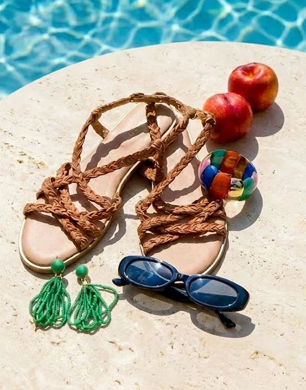 Brown woven sandals with green tassels, sunglasses, and colorful ball on a stone surface by a pool. navigation