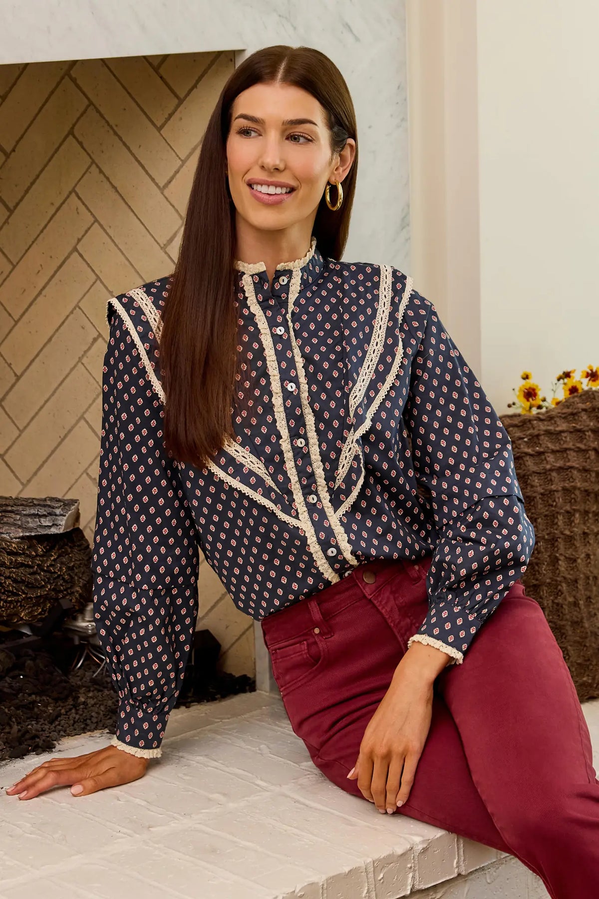 Navy Printed Button Up Ruffle Top