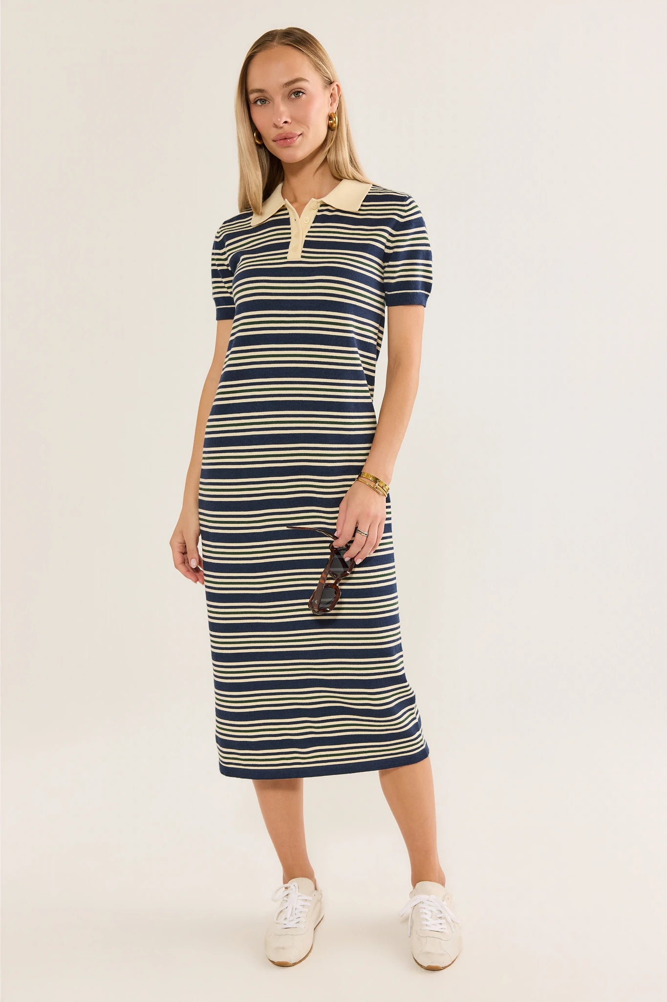 Navy Striped Collared Shirt Midi Dress