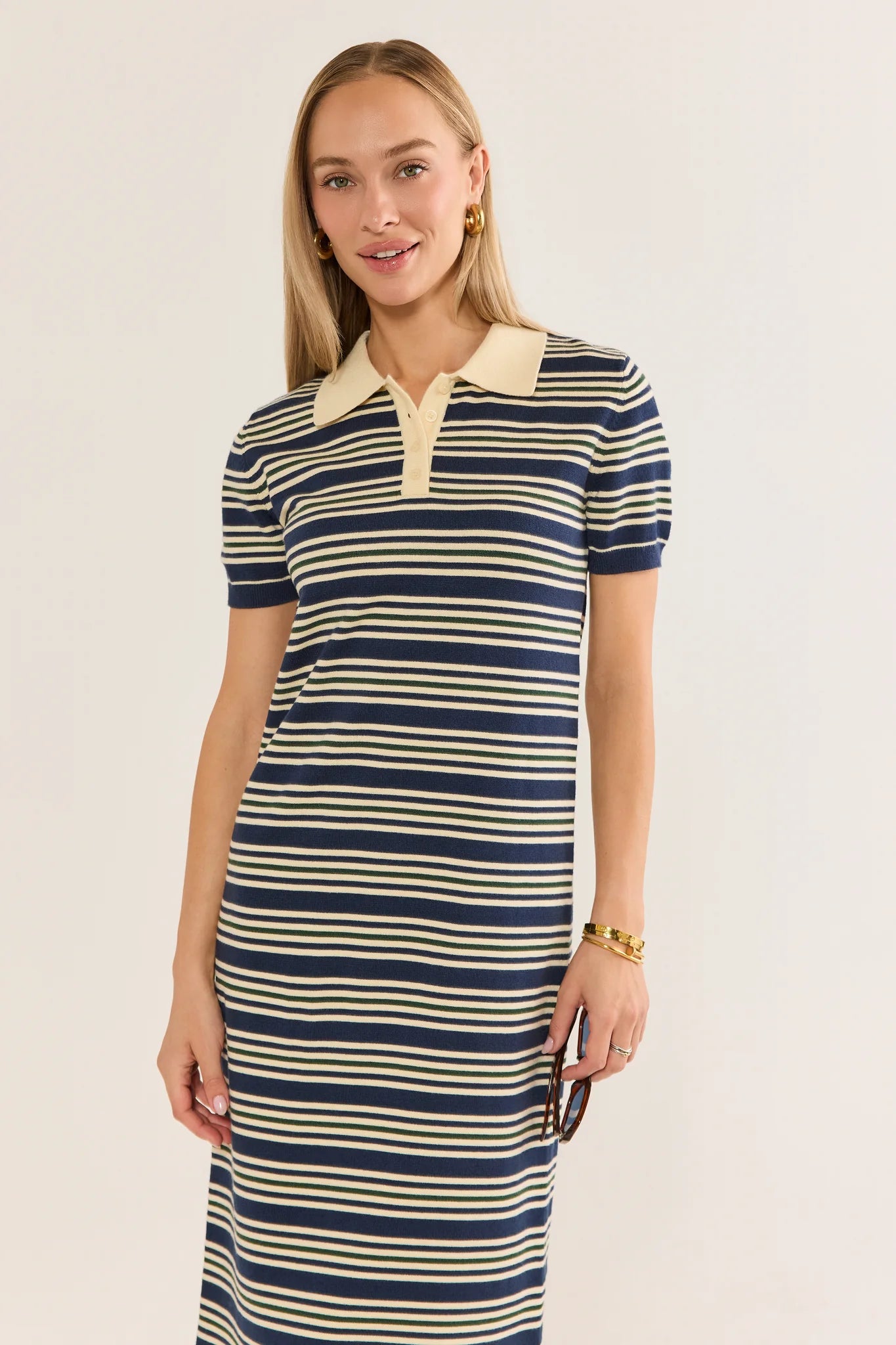 Navy Striped Collared Shirt Midi Dress