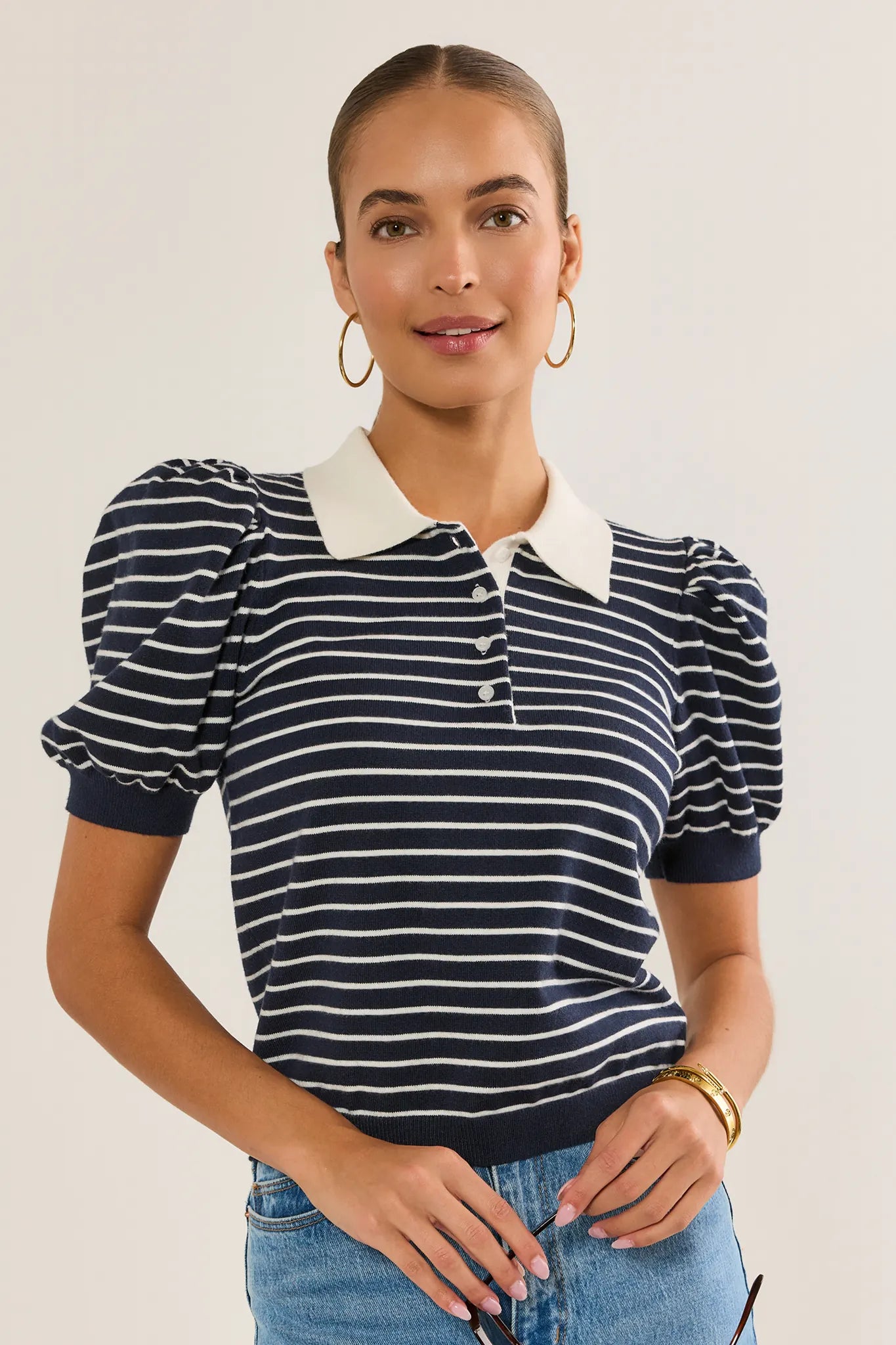 Navy Striped Collared Top