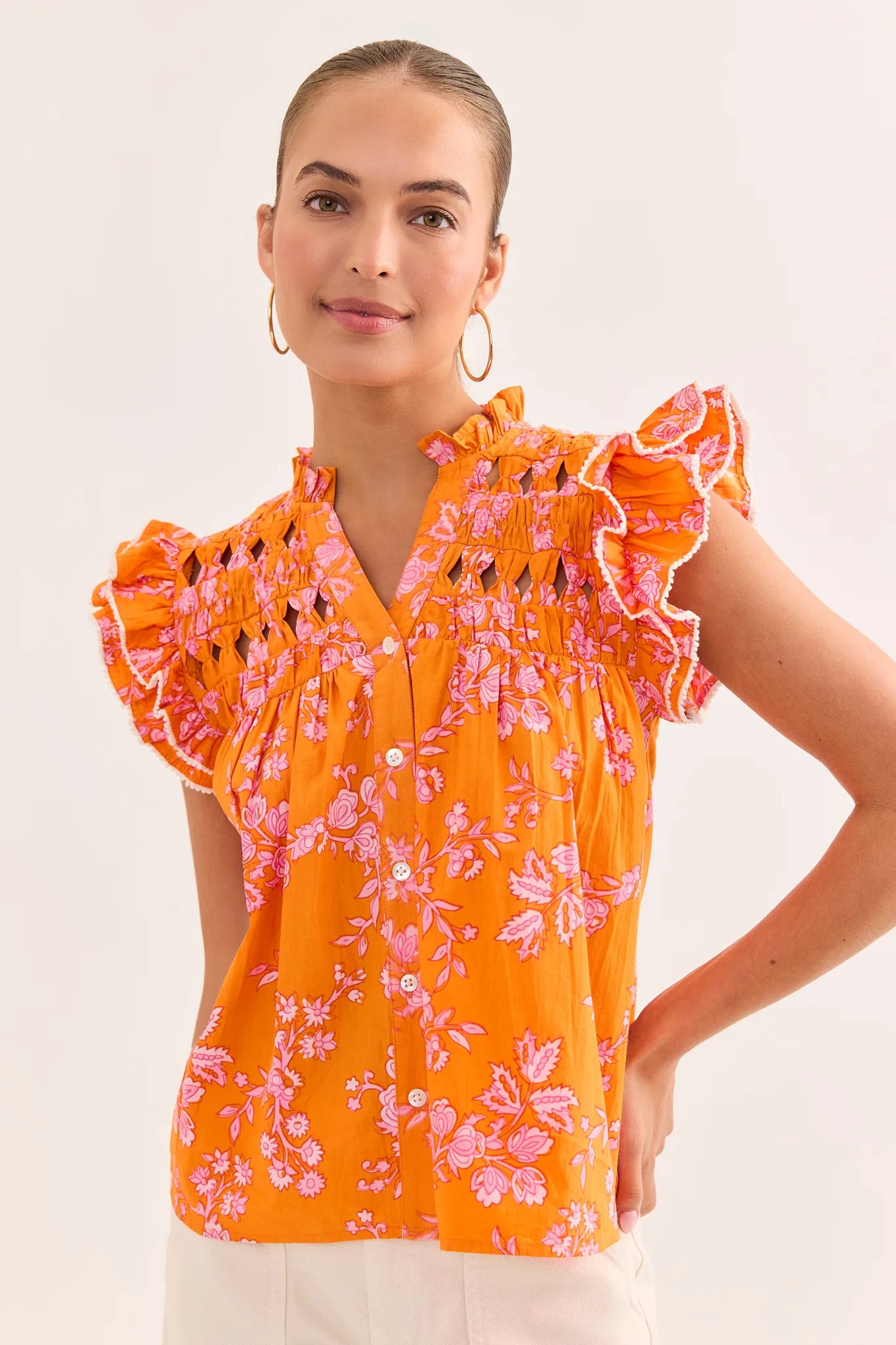 Audire☆アウディーレ☆ruffle sleeve blouse Orange Floral Flutter Sleeve Top by THML | Avara