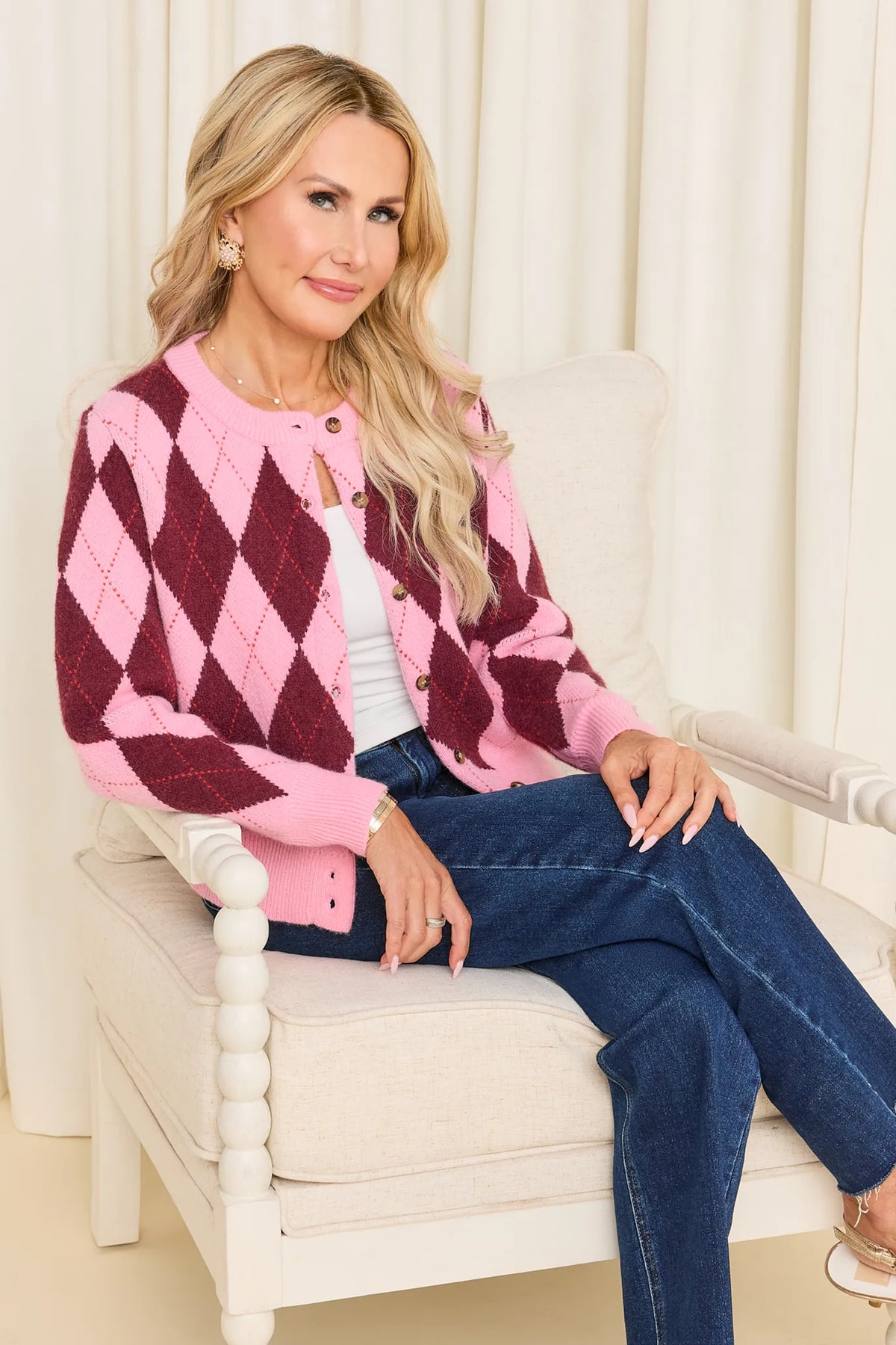 Pink Argyle Print Cardigan