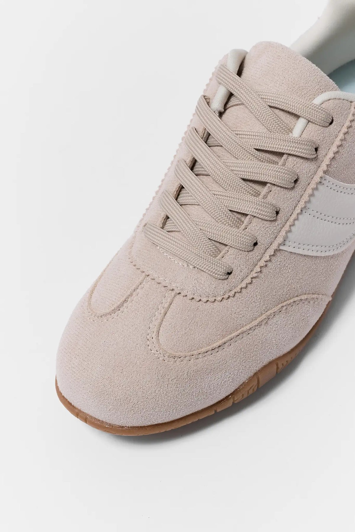 Taupe Suede Low Profile Sneakers - Toe Box and Lace Close-Up Detail | Avara