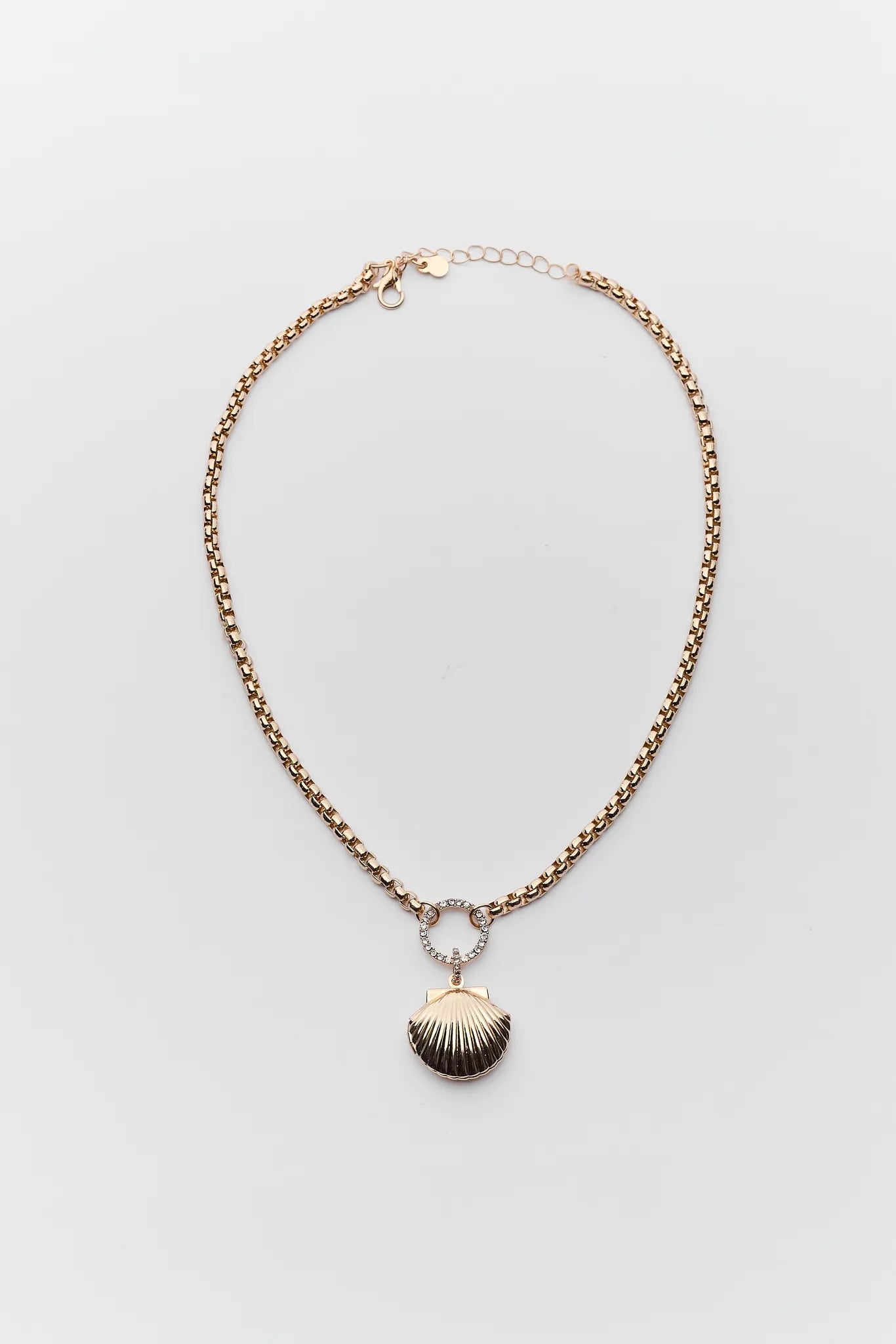 Necklace with a shell pendant on a light gray background