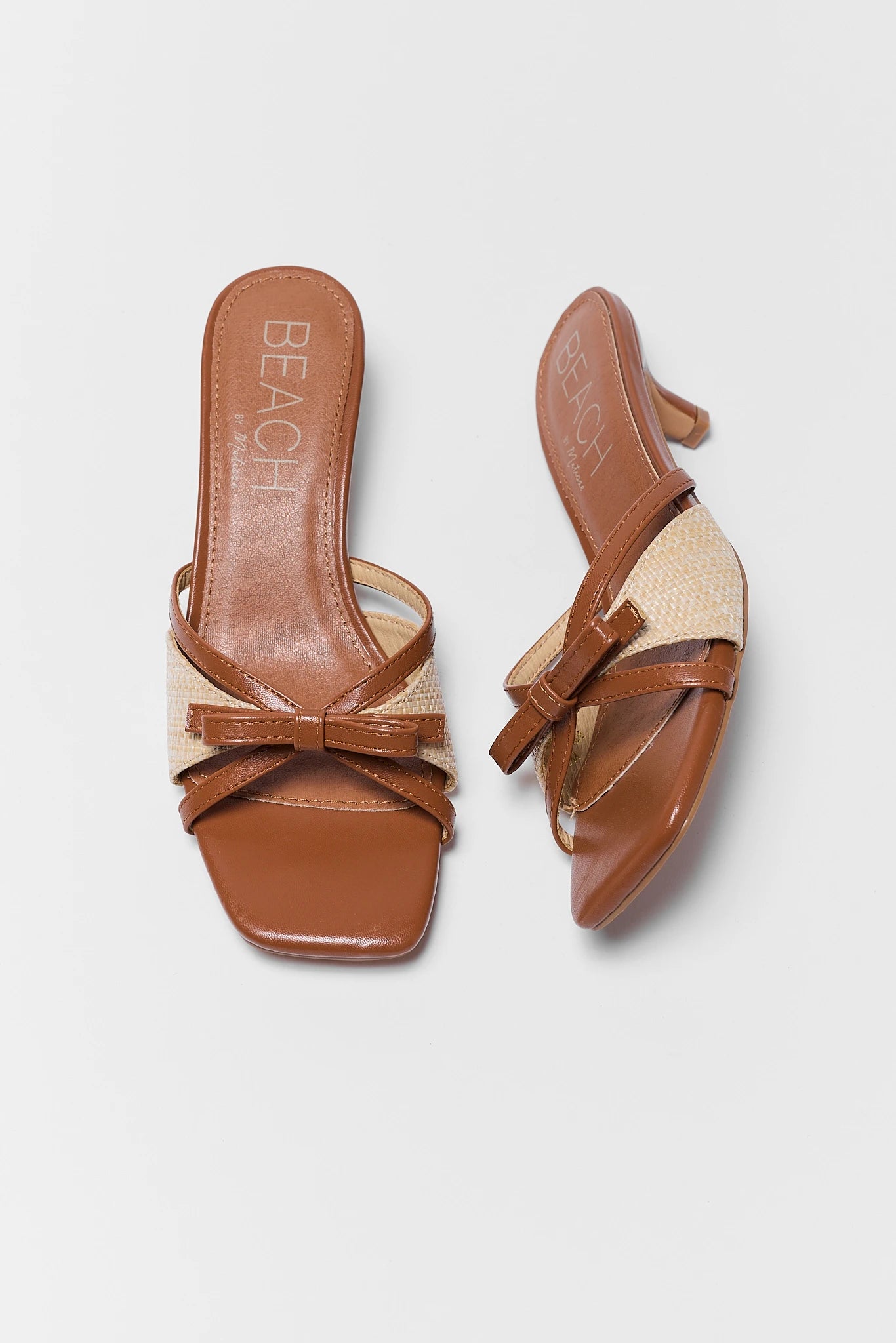 Portia Brown Raffia Kitten Heels on white background