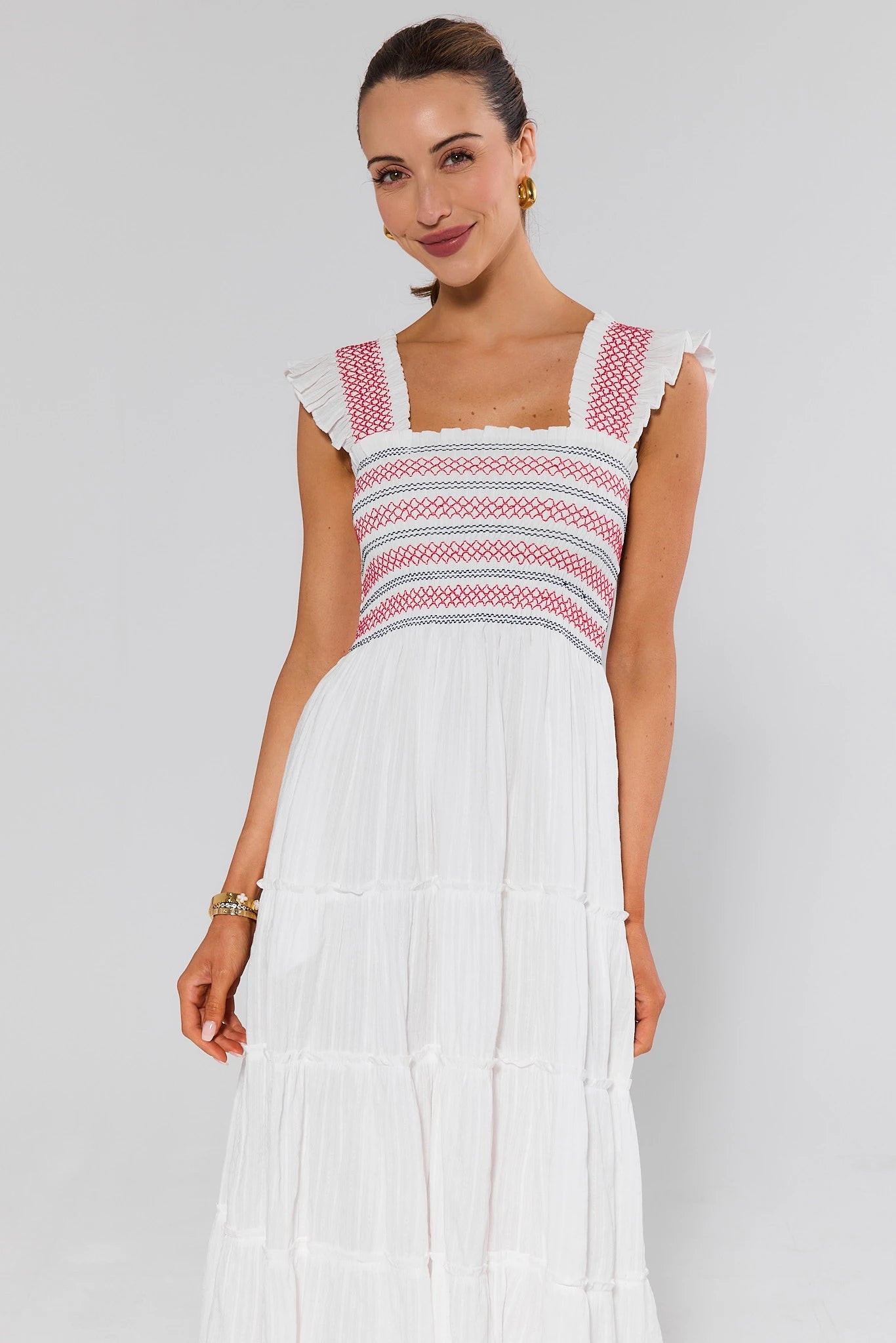 Tristan White Embroidered Midi Dress | Women's Clothing
